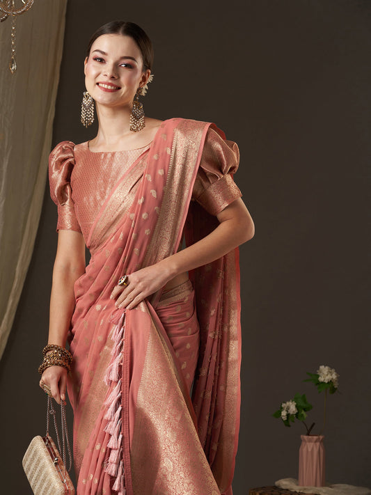 Peach Floral Georgette Saree with Jari Border - Ressa