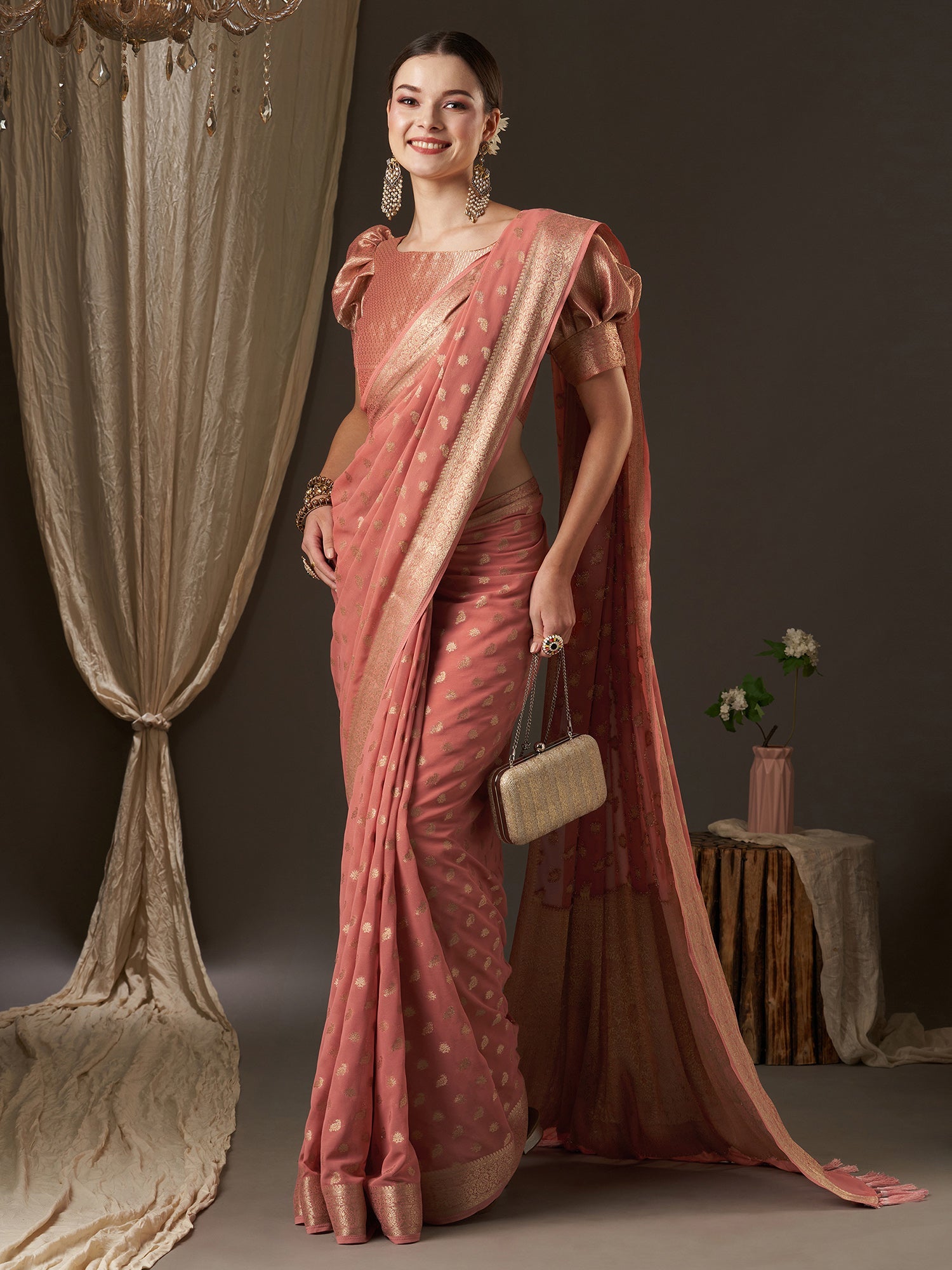 Peach Floral Georgette Saree with Jari Border - Ressa