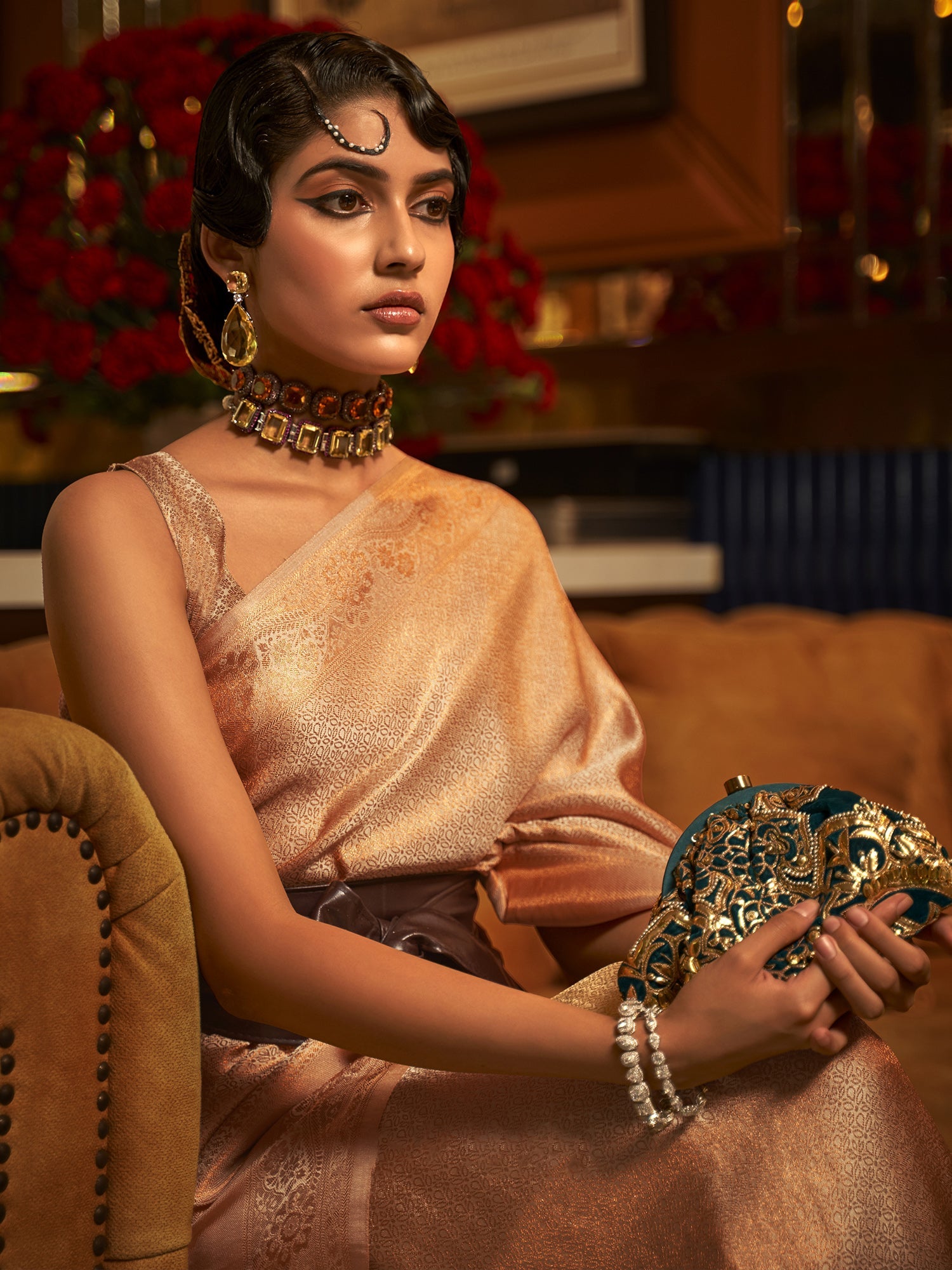 Peach Gold Nylon Saree - Ressa