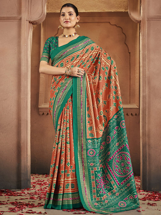 Peach & Green Patola Silk Saree with Zari Border - Ressa