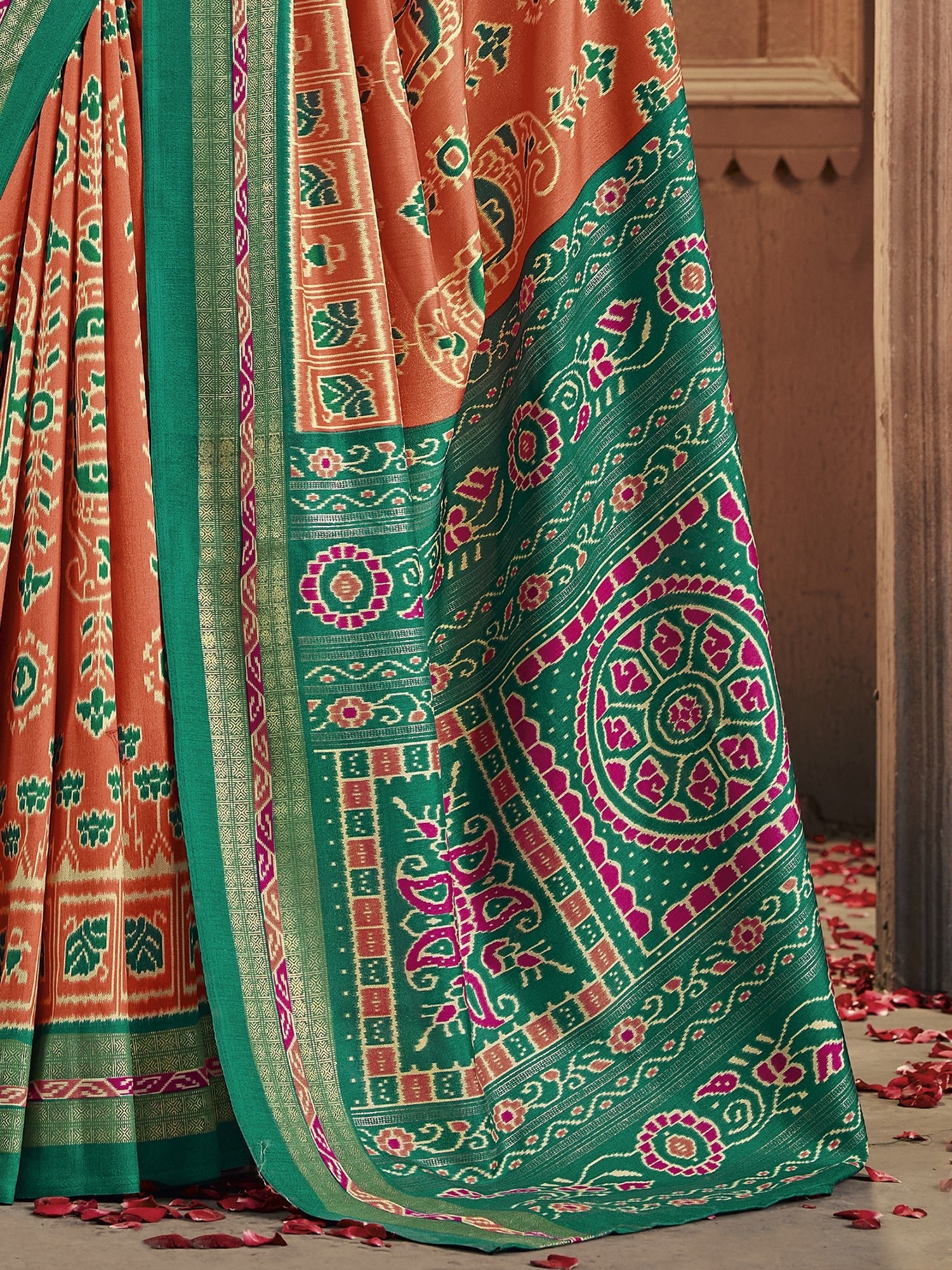 Peach & Green Patola Silk Saree with Zari Border - Ressa