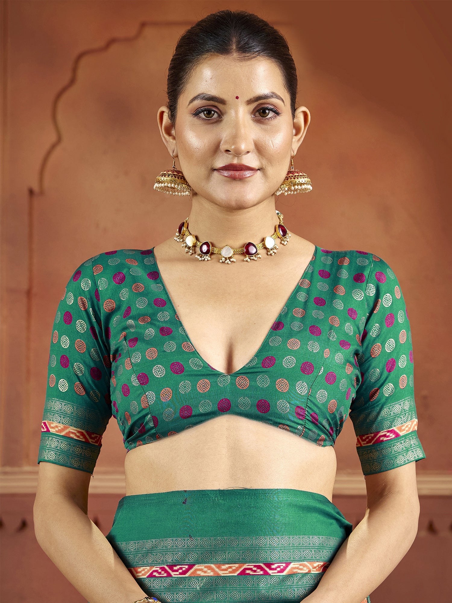 Peach & Green Patola Silk Saree with Zari Border - Ressa