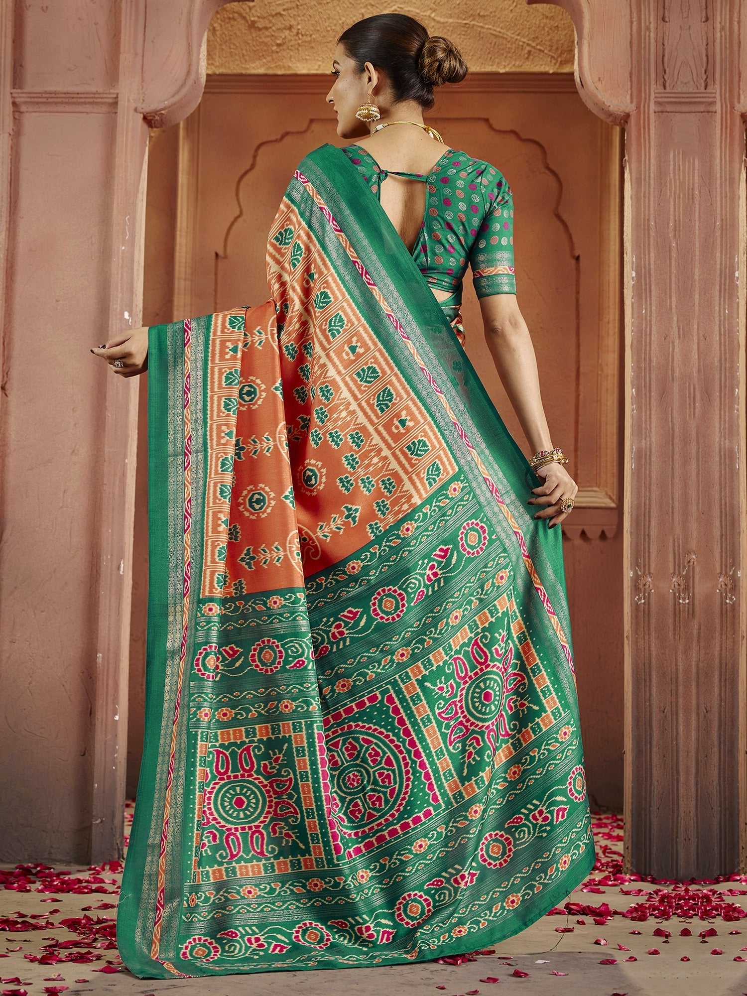 Peach & Green Patola Silk Saree with Zari Border - Ressa