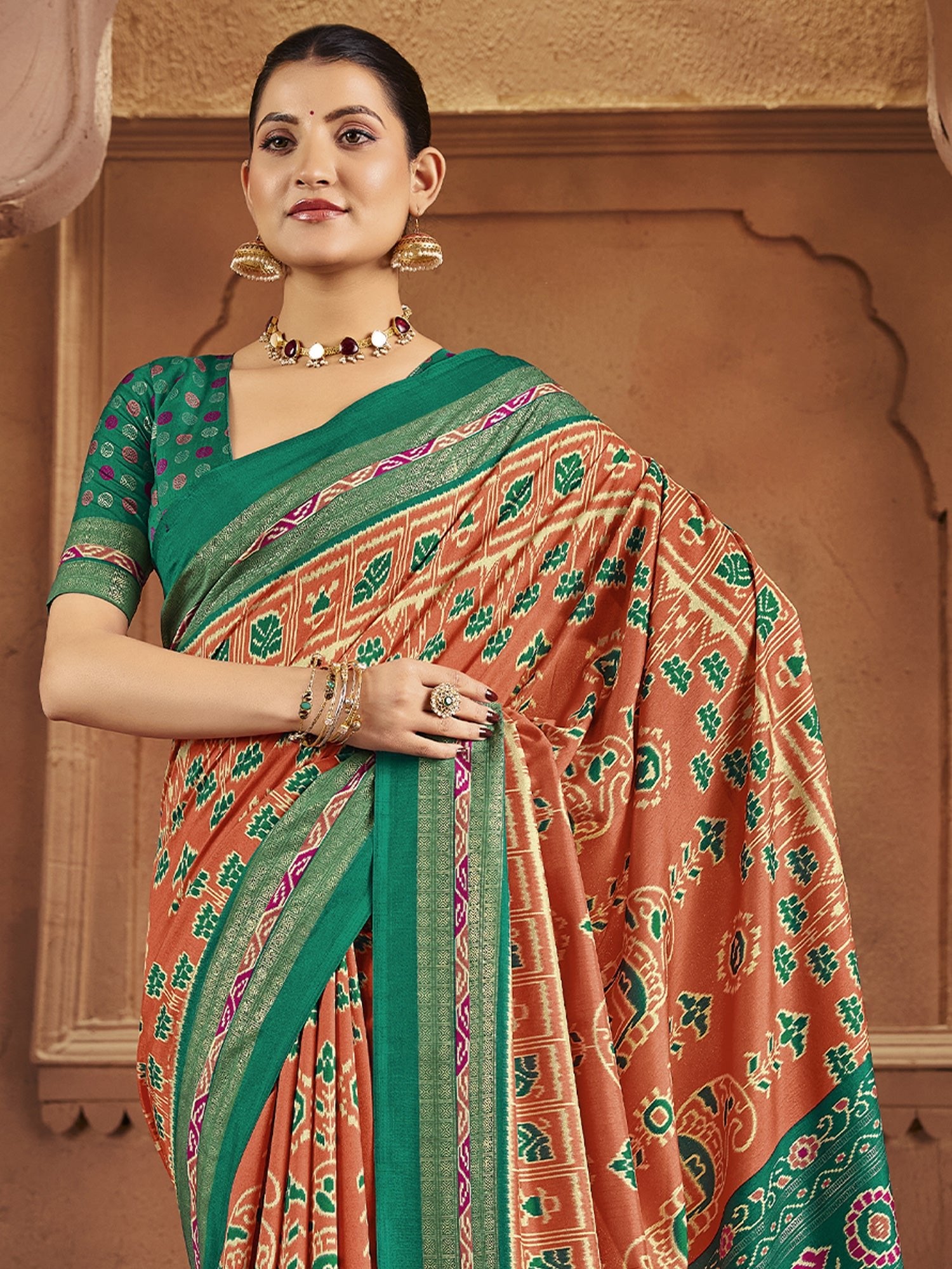 Peach & Green Patola Silk Saree with Zari Border - Ressa