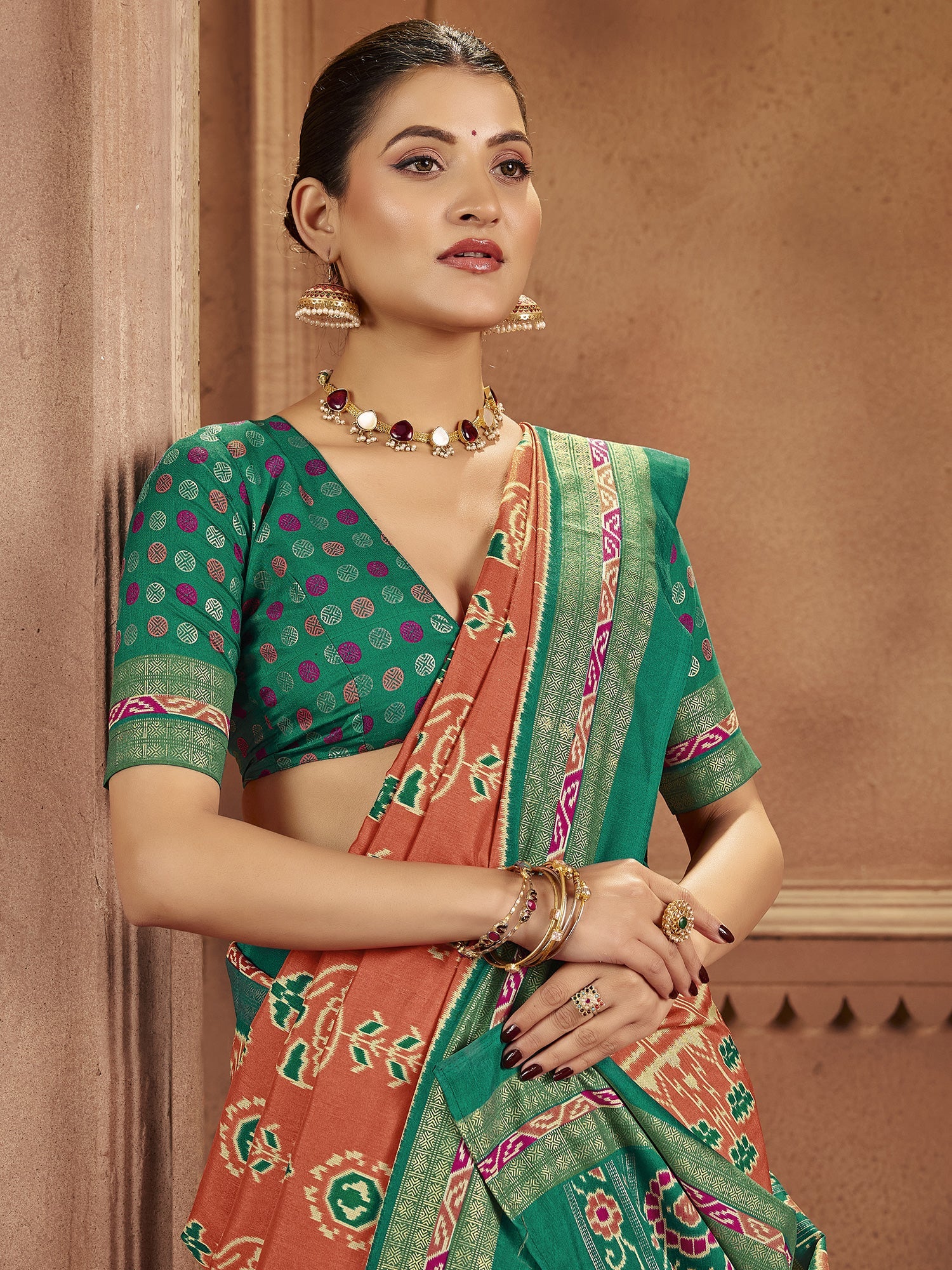 Peach & Green Patola Silk Saree with Zari Border - Ressa