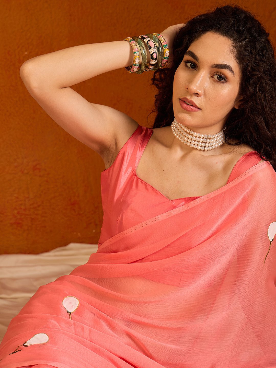 Peach Hand-Painted Georgette Saree - Ressa