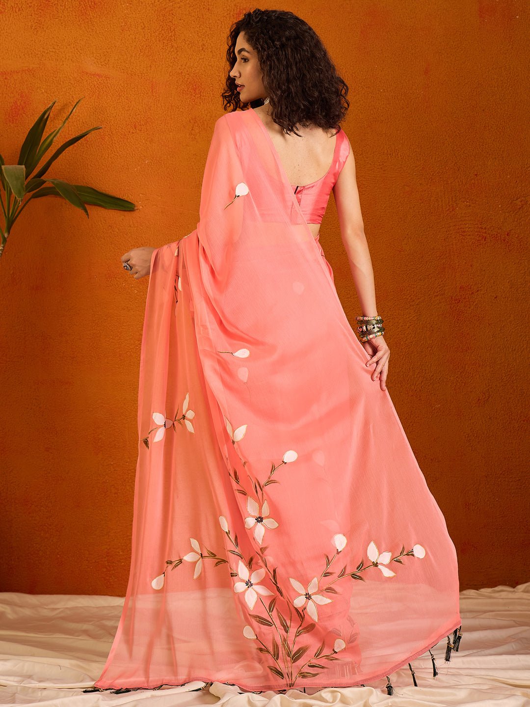 Peach Hand-Painted Georgette Saree - Ressa