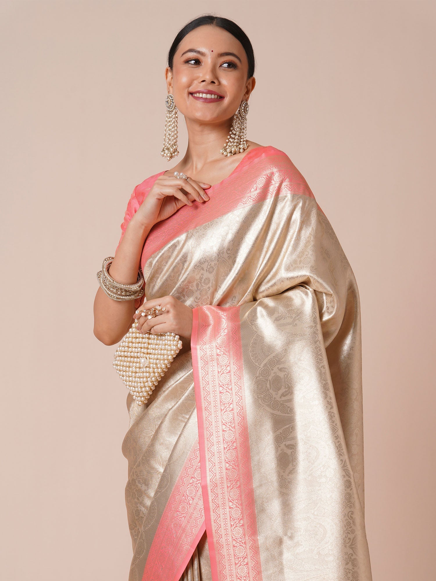 Peach Jari Silk Kanjivaram Saree - Ressa