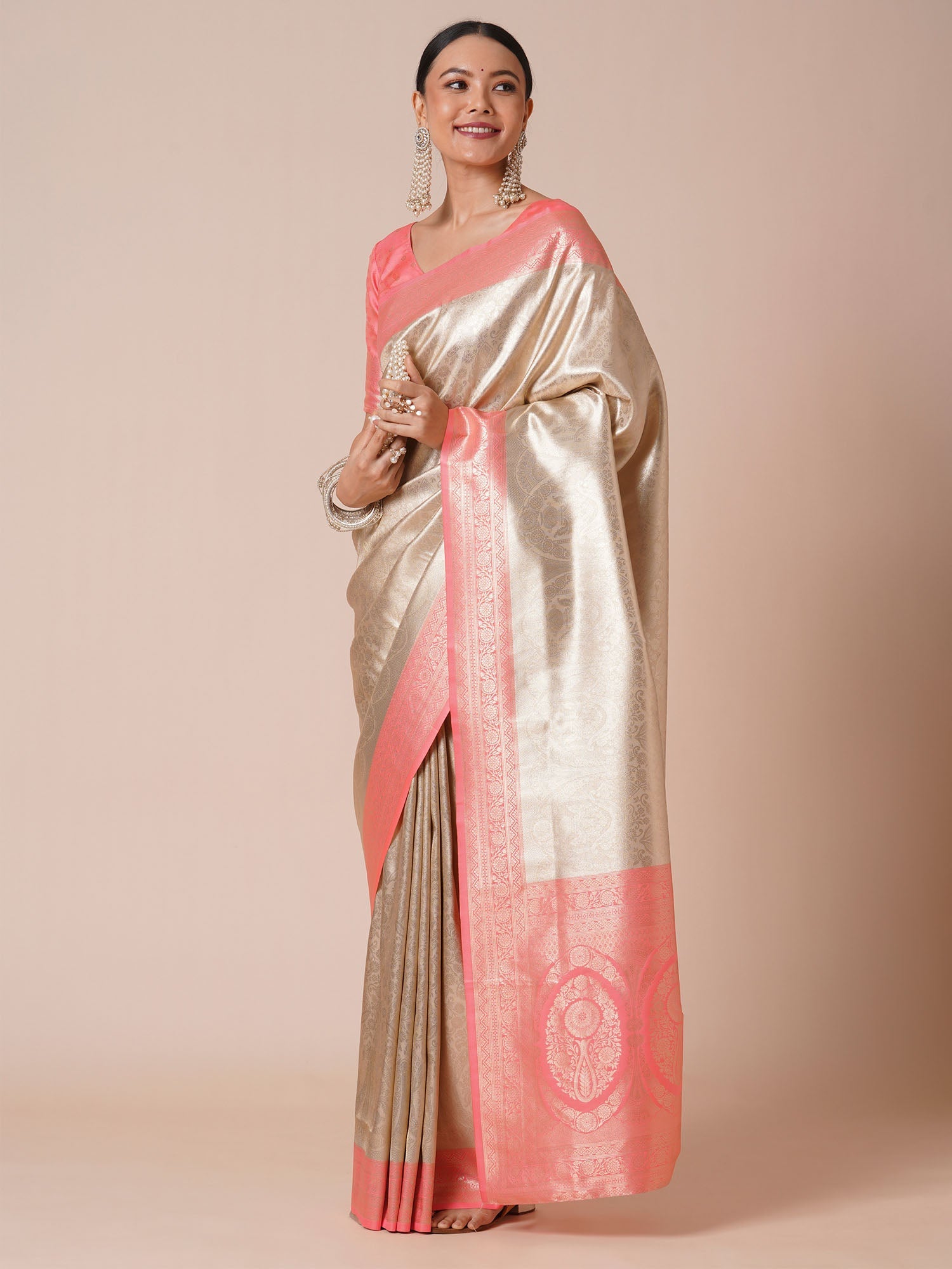 Peach Jari Silk Kanjivaram Saree - Ressa