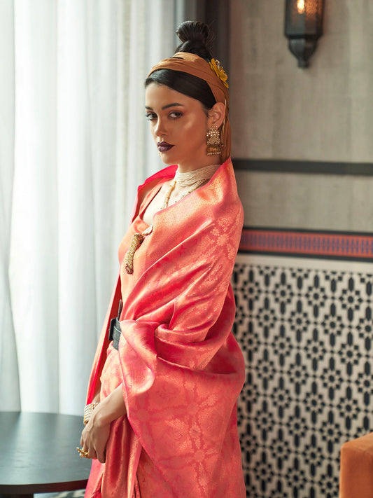 Peach Jari Woven Kanjivaram Saree - Ressa