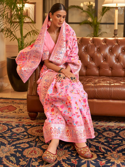Peach Kashmiri Silk Saree with Flower Motif - Ressa