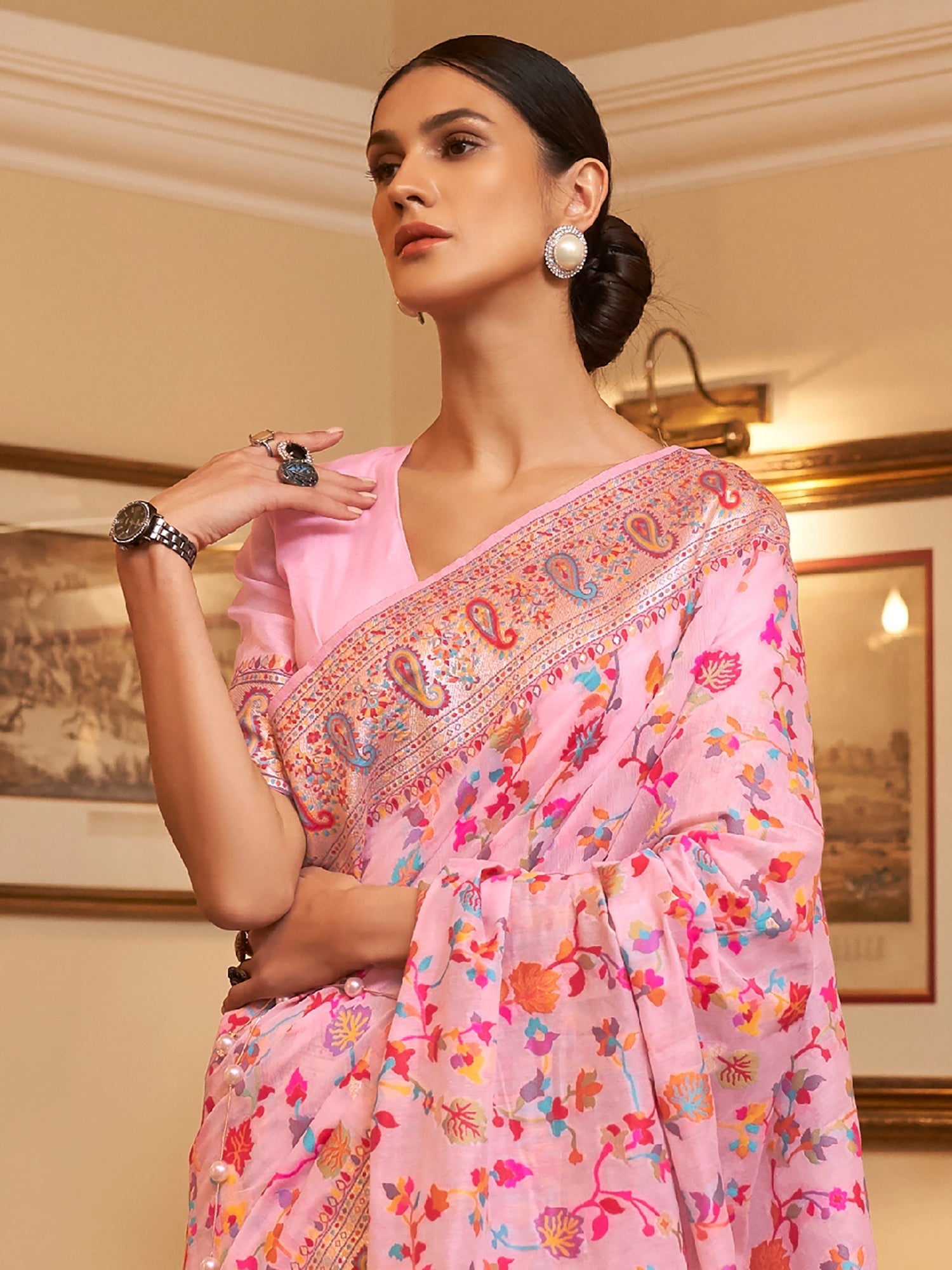 Peach Kashmiri Silk Saree with Flower Motif - Ressa