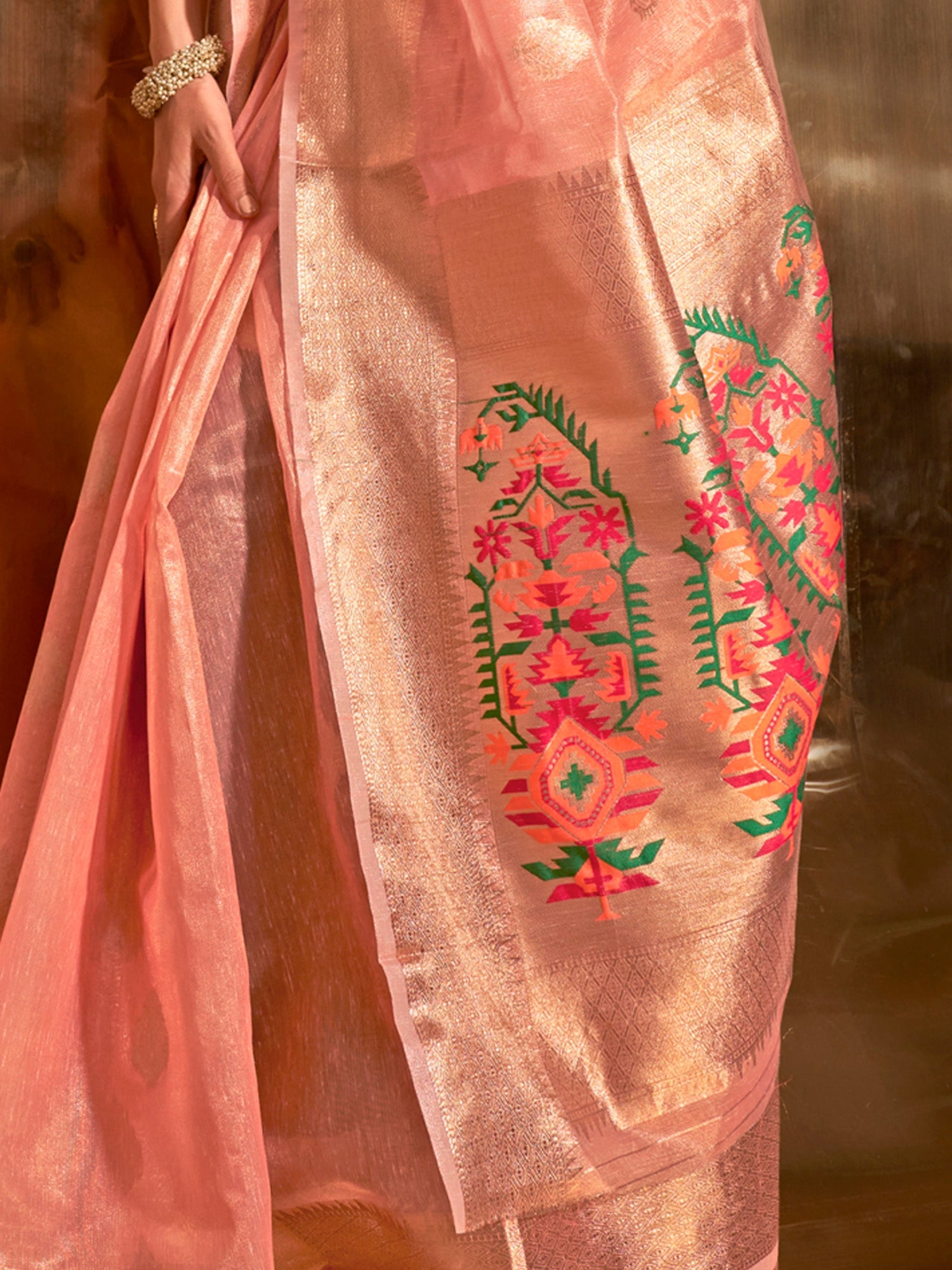 Peach Katan Silk Banarasi Saree - Ressa