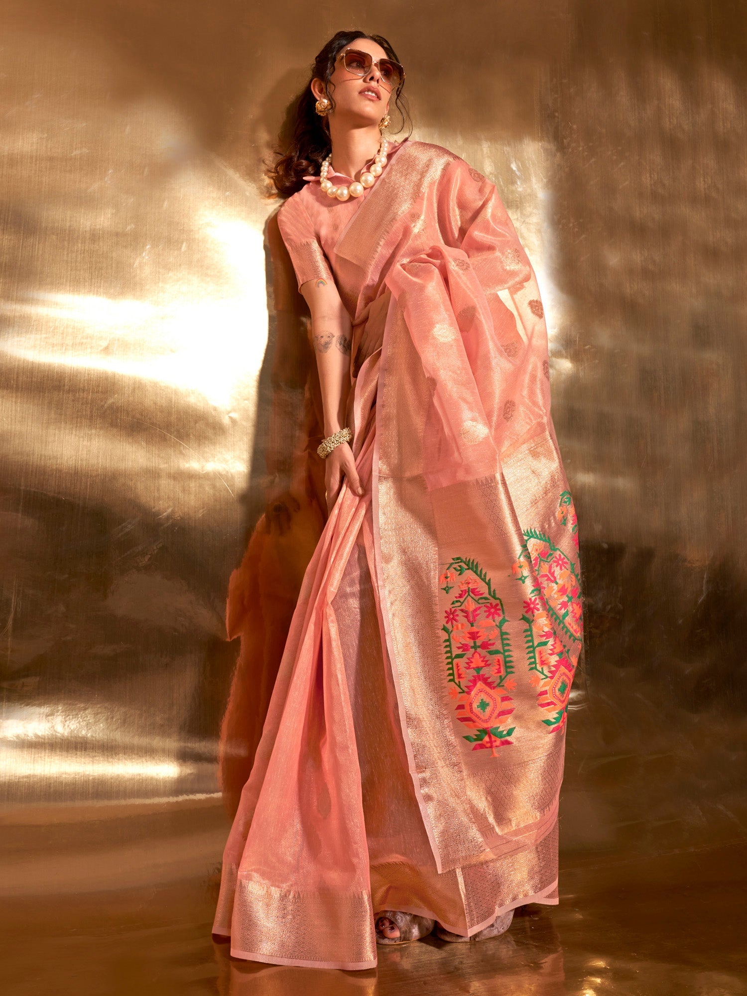 Peach Katan Silk Banarasi Saree - Ressa