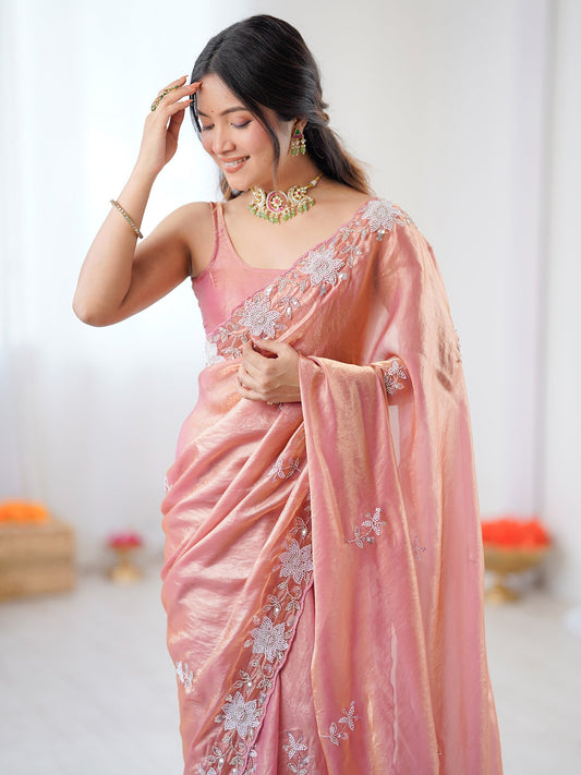 Peach Metallic Tissue Silk Saree - Ressa