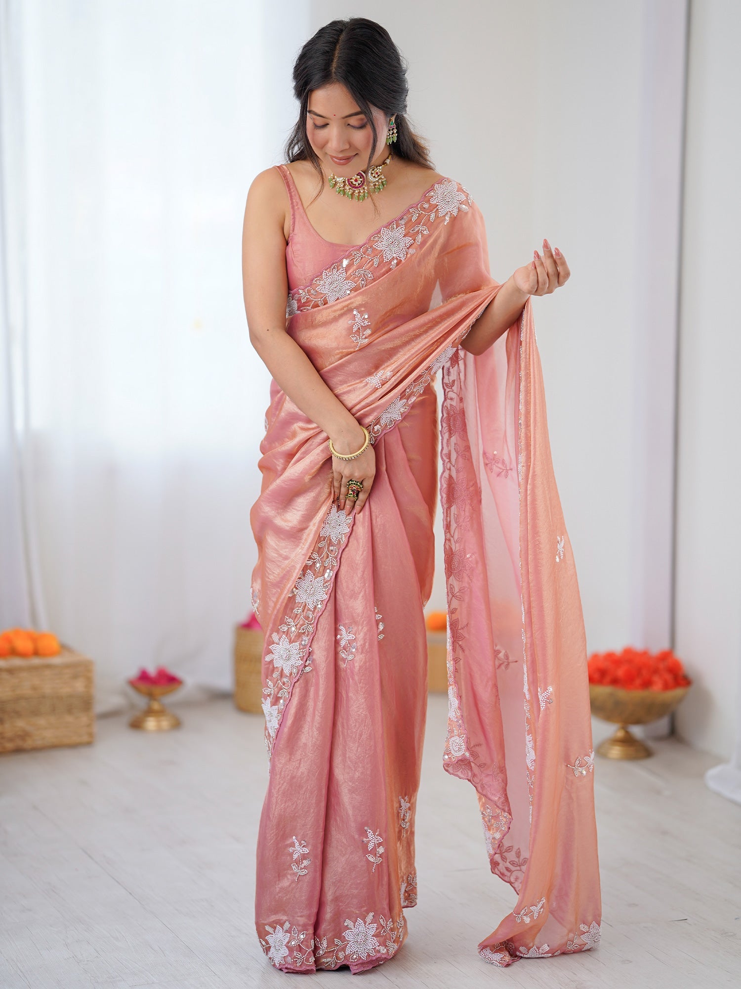 Peach Metallic Tissue Silk Saree - Ressa