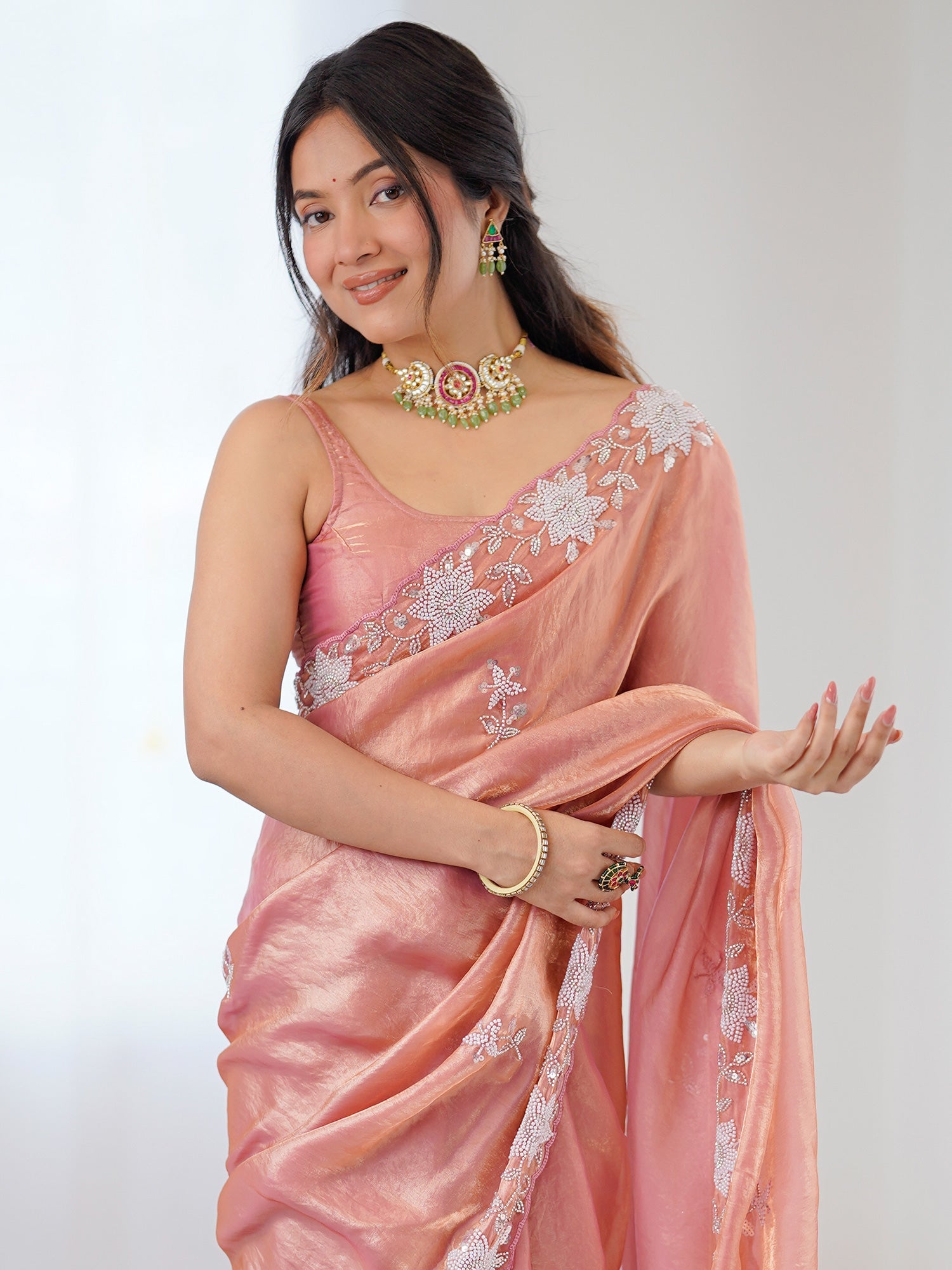 Peach Metallic Tissue Silk Saree - Ressa