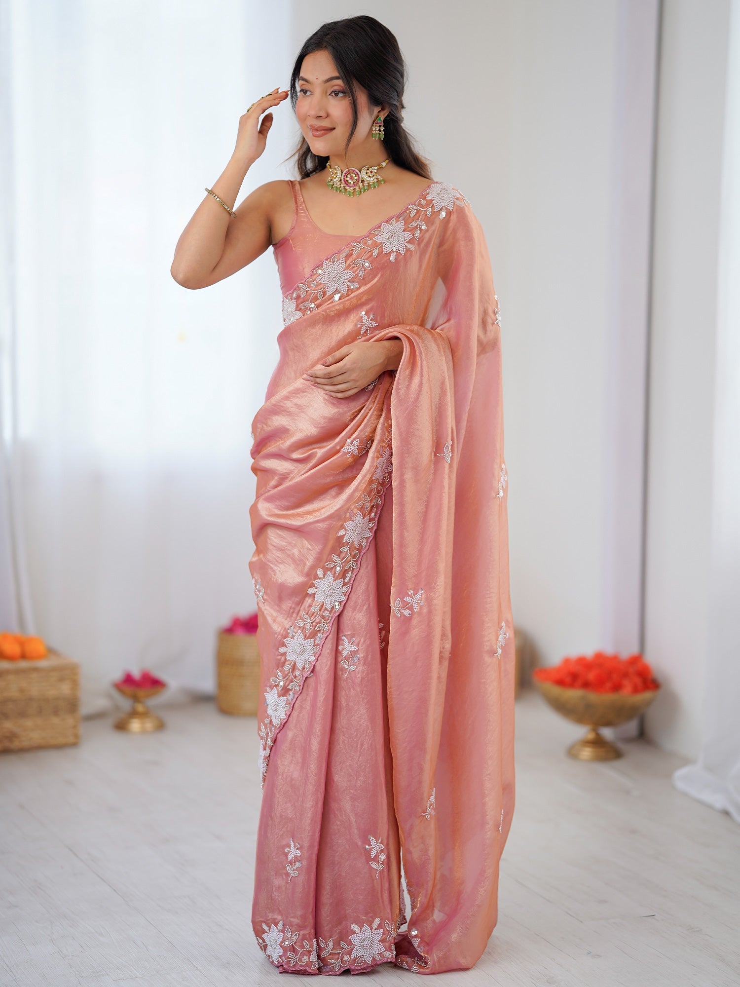 Peach Metallic Tissue Silk Saree - Ressa