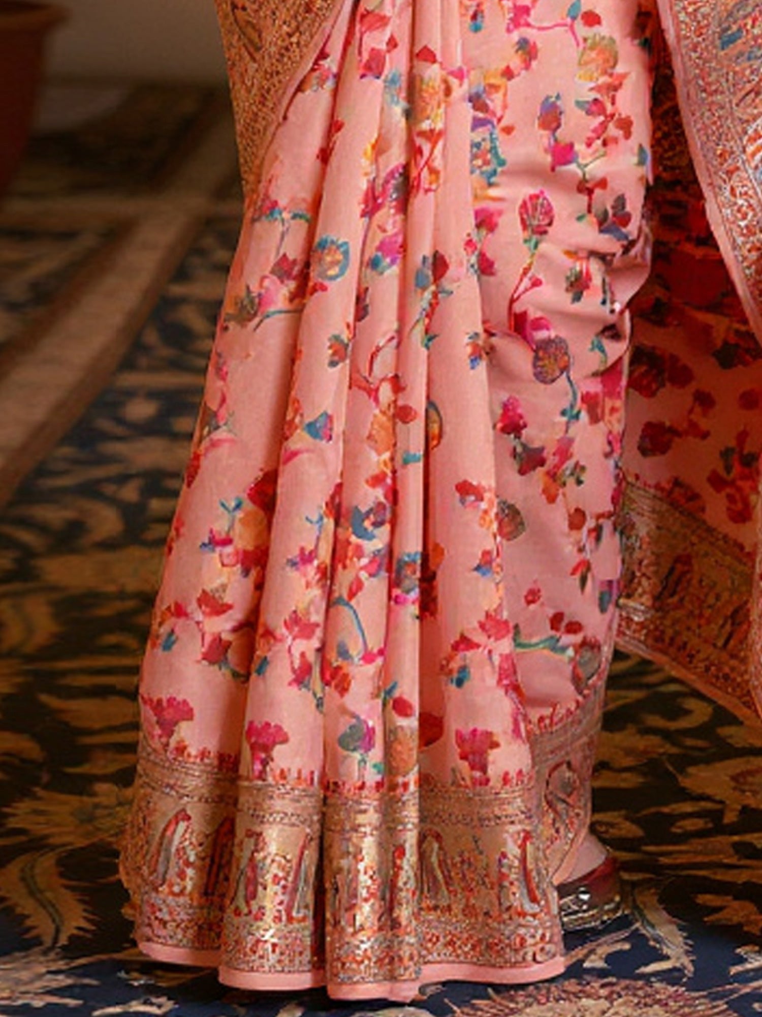 Peach Multicolor Kashmiri Silk Saree with Flower Motif - Ressa