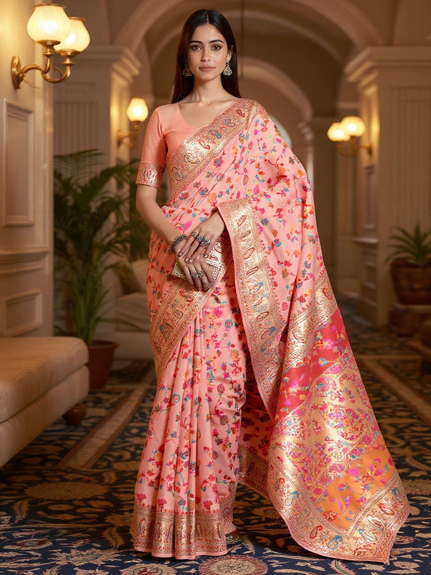 Peach Multicolor Kashmiri Silk Saree with Flower Motif - Ressa