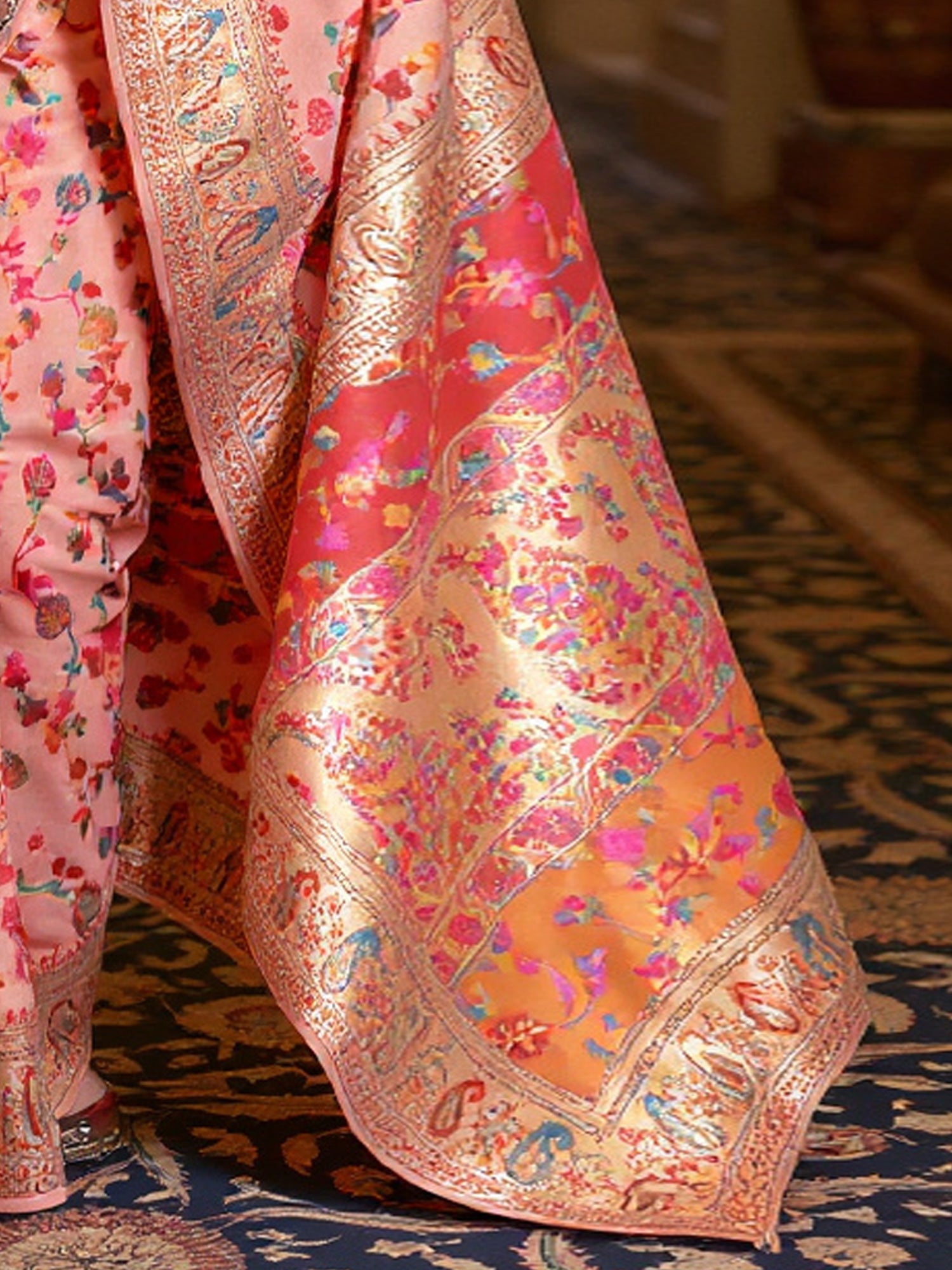 Peach Multicolor Kashmiri Silk Saree with Flower Motif - Ressa