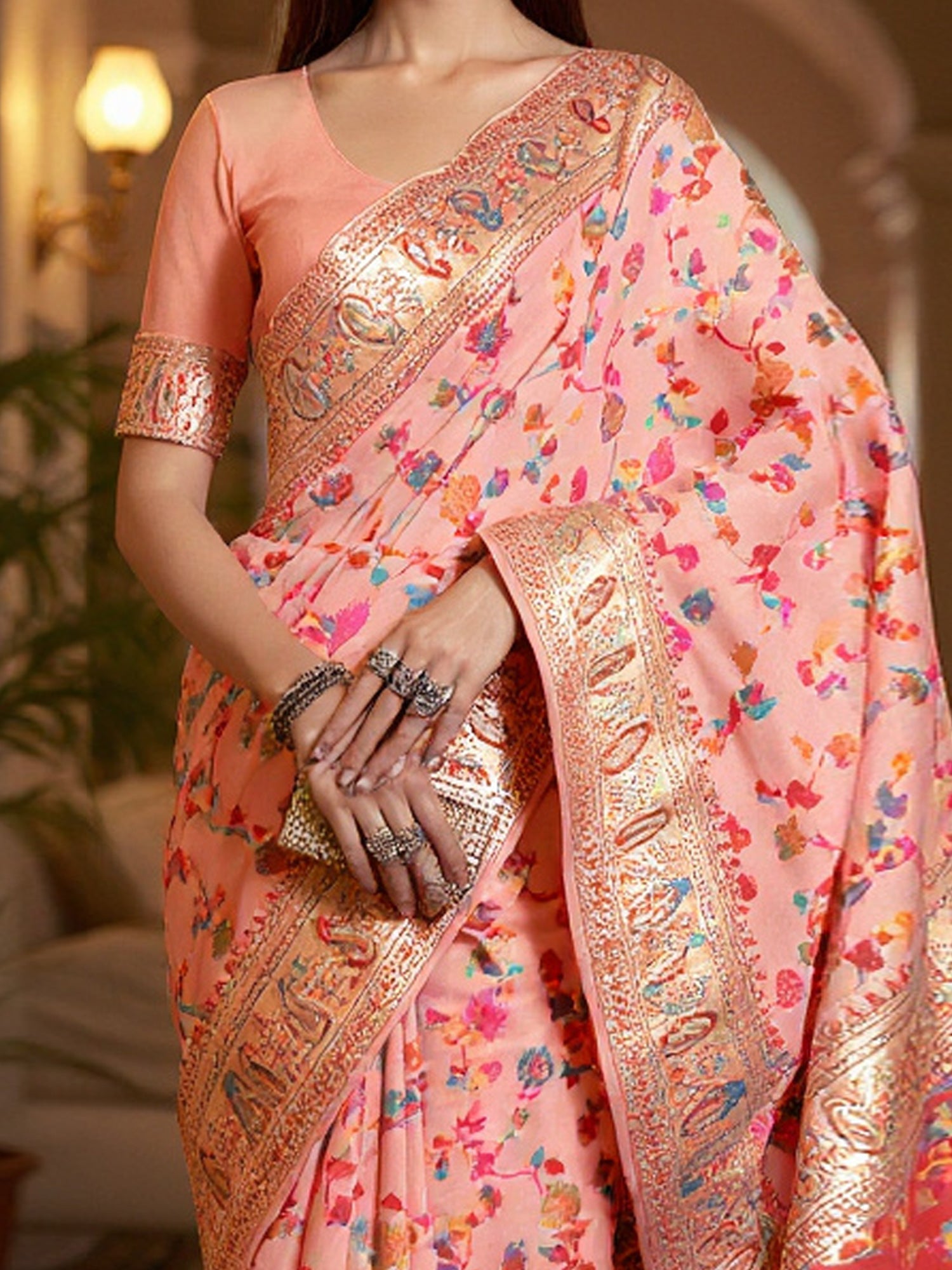 Peach Multicolor Kashmiri Silk Saree with Flower Motif - Ressa