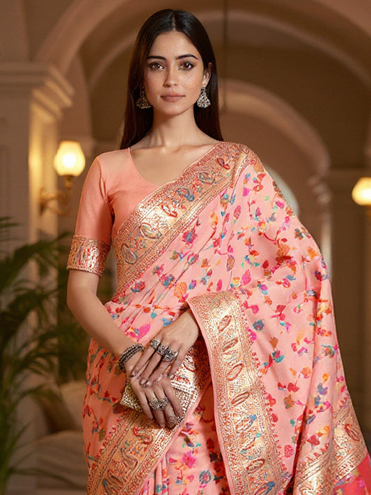 Peach Multicolor Kashmiri Silk Saree with Flower Motif - Ressa