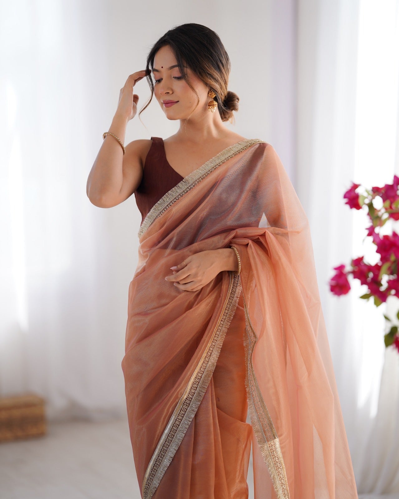 Peach Net Saree with Delicate Zari Scalloped Border - Ressa