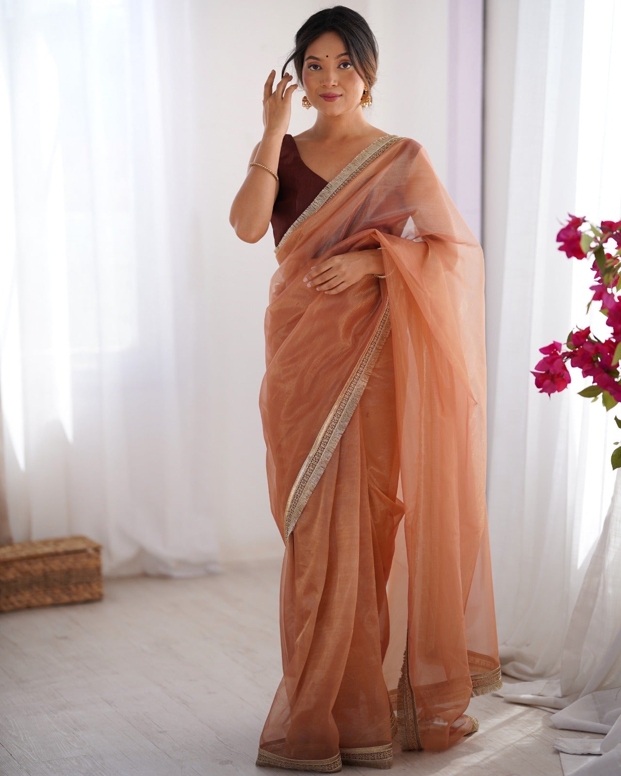 Peach Net Saree with Delicate Zari Scalloped Border - Ressa