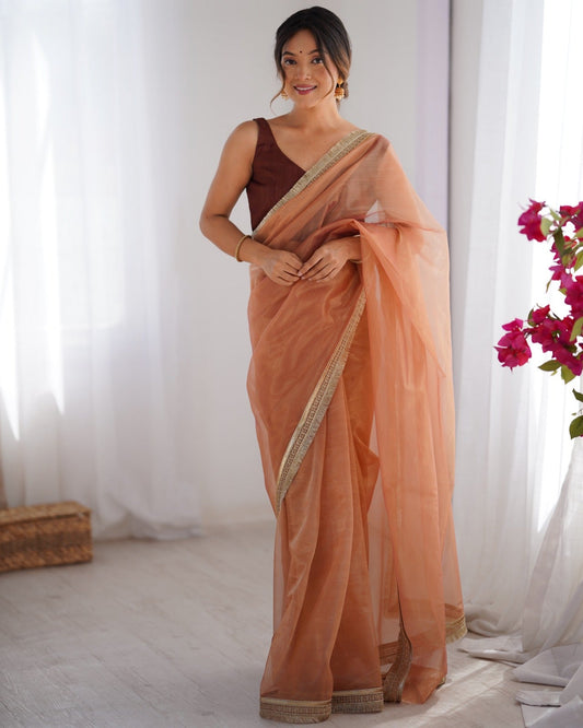 Peach Net Saree with Delicate Zari Scalloped Border - Ressa