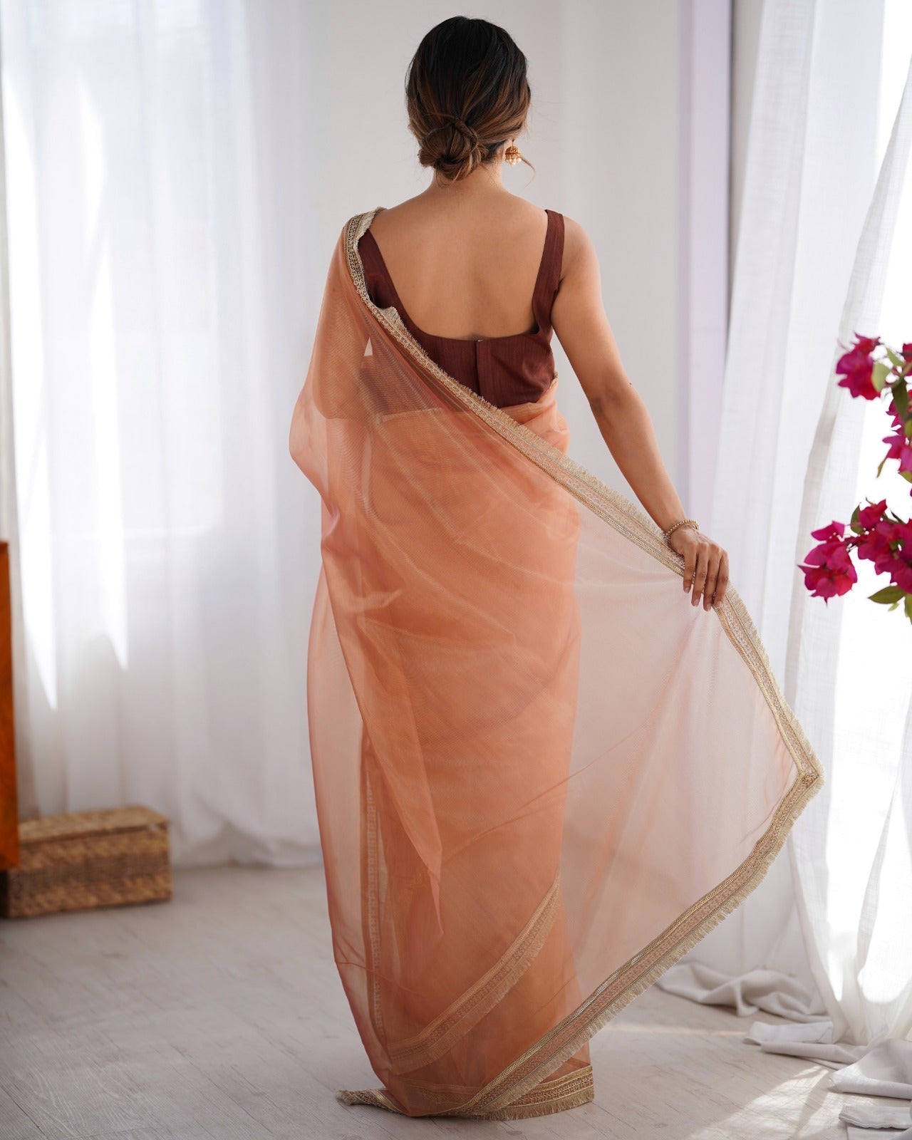 Peach Net Saree with Delicate Zari Scalloped Border - Ressa