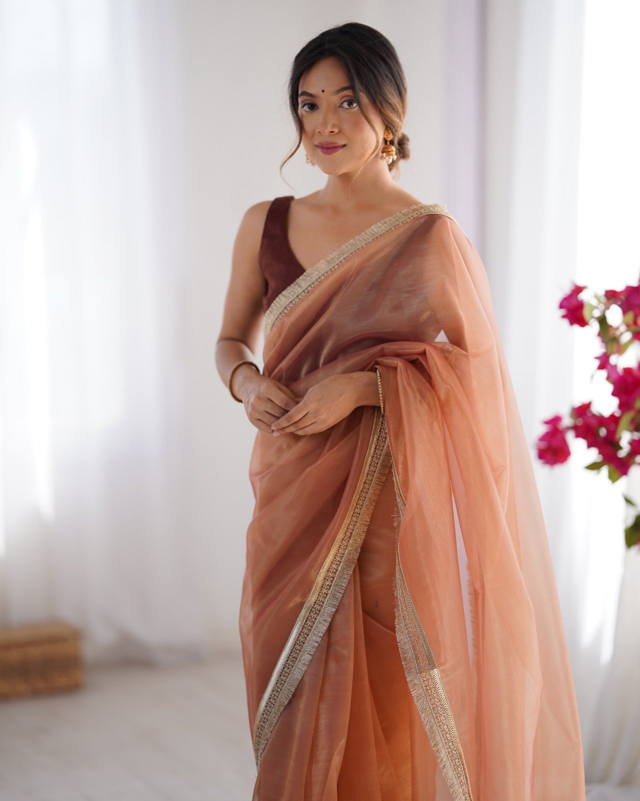 Peach Net Saree with Delicate Zari Scalloped Border - Ressa