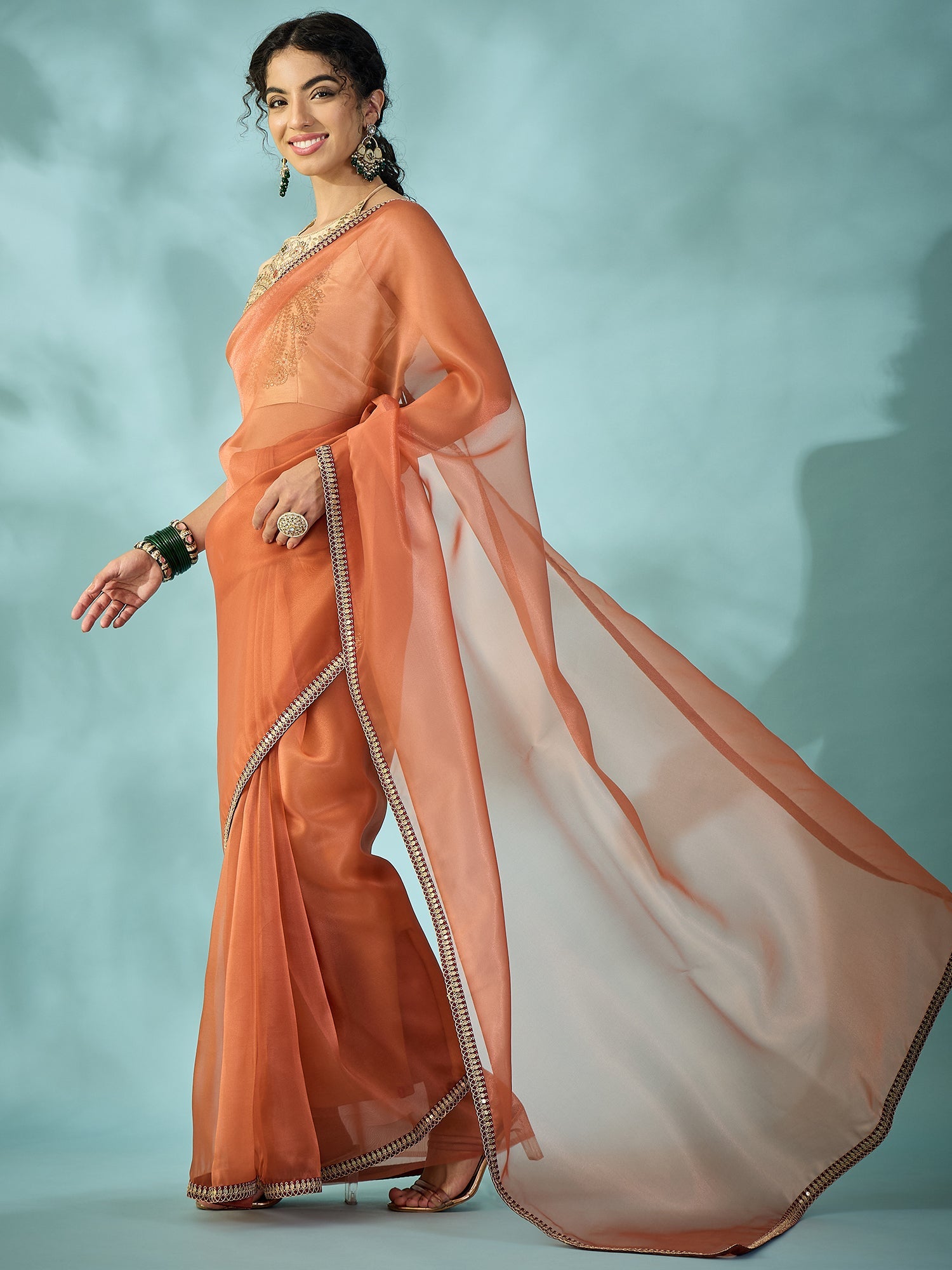 Peach - Orange Organza Saree - Ressa