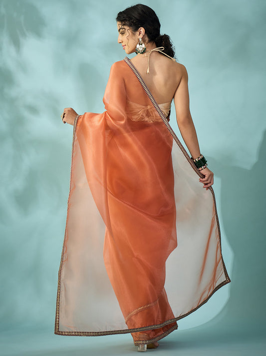 Peach - Orange Organza Saree - Ressa