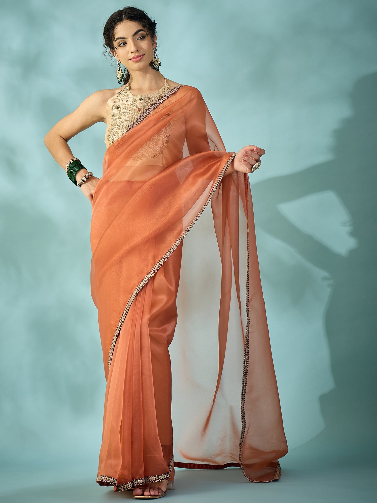 Peach - Orange Organza Saree - Ressa