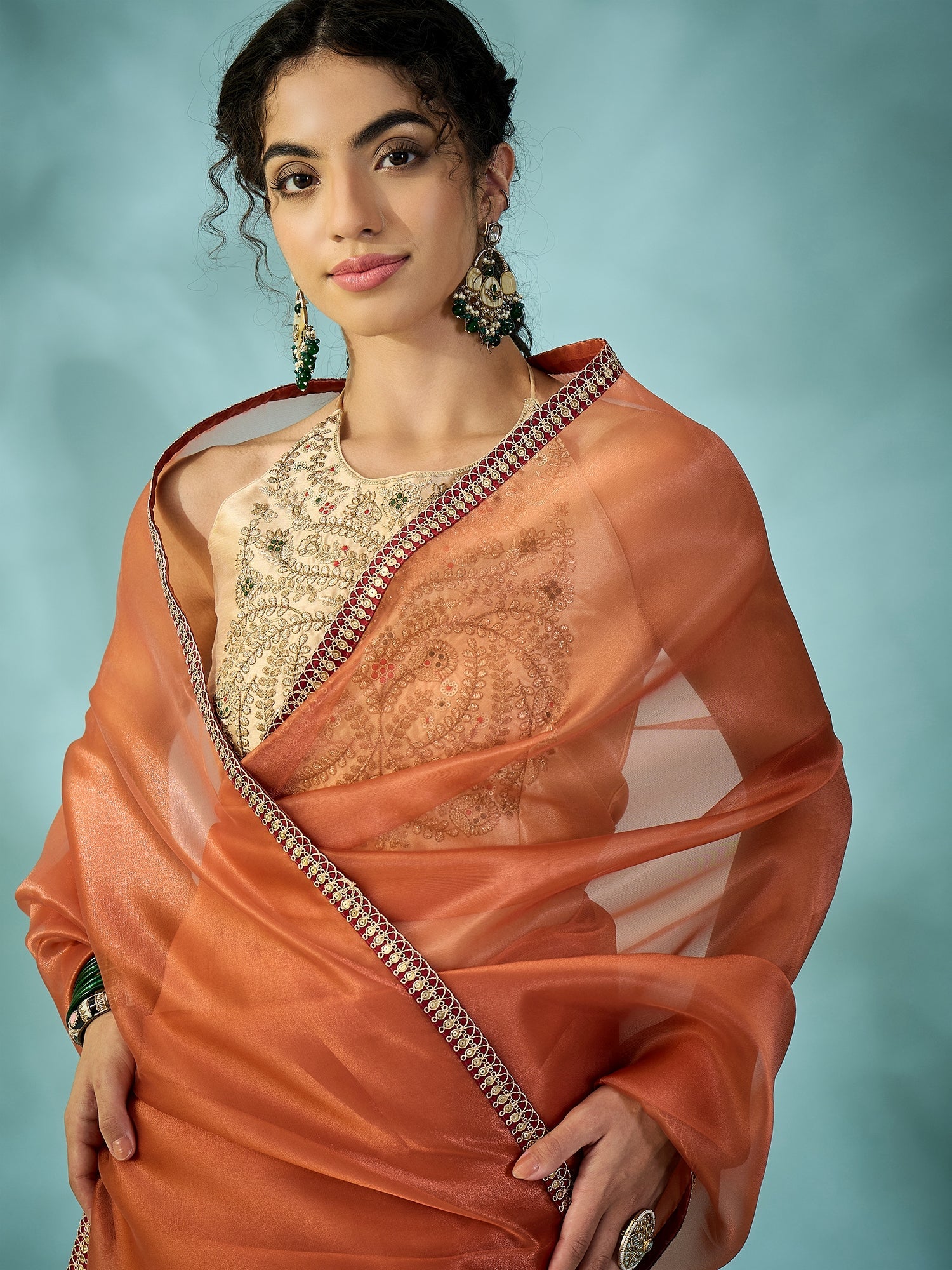 Peach - Orange Organza Saree - Ressa