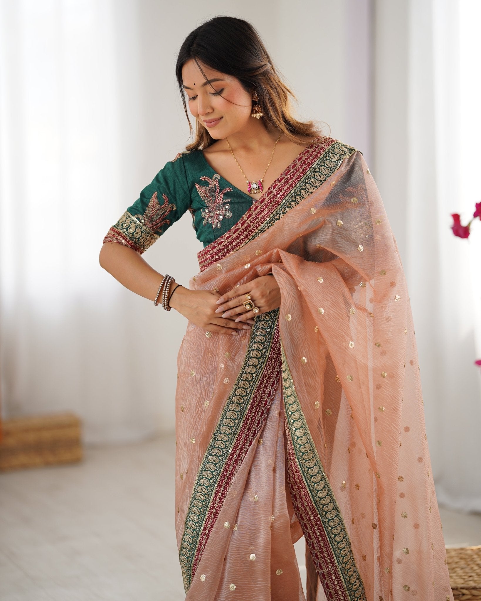 Peach Organza Emblished Saree - Ressa