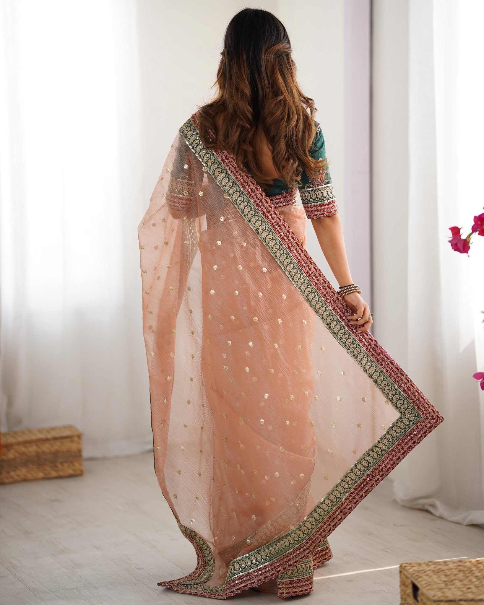 Peach Organza Emblished Saree - Ressa
