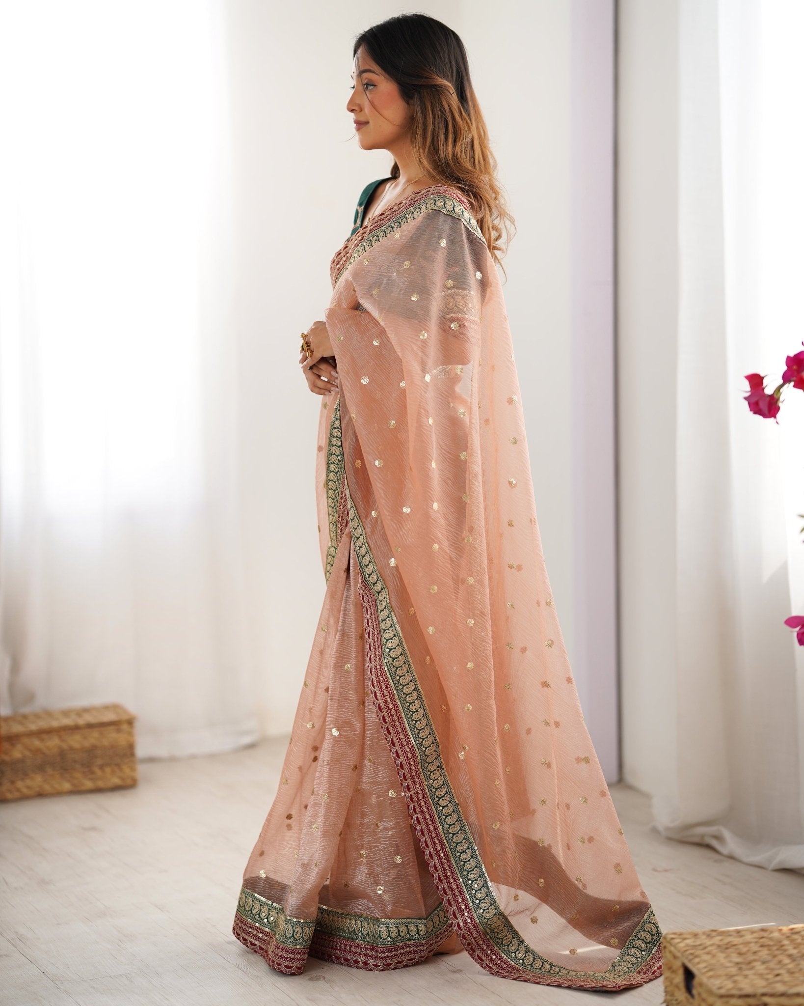 Peach Organza Emblished Saree - Ressa