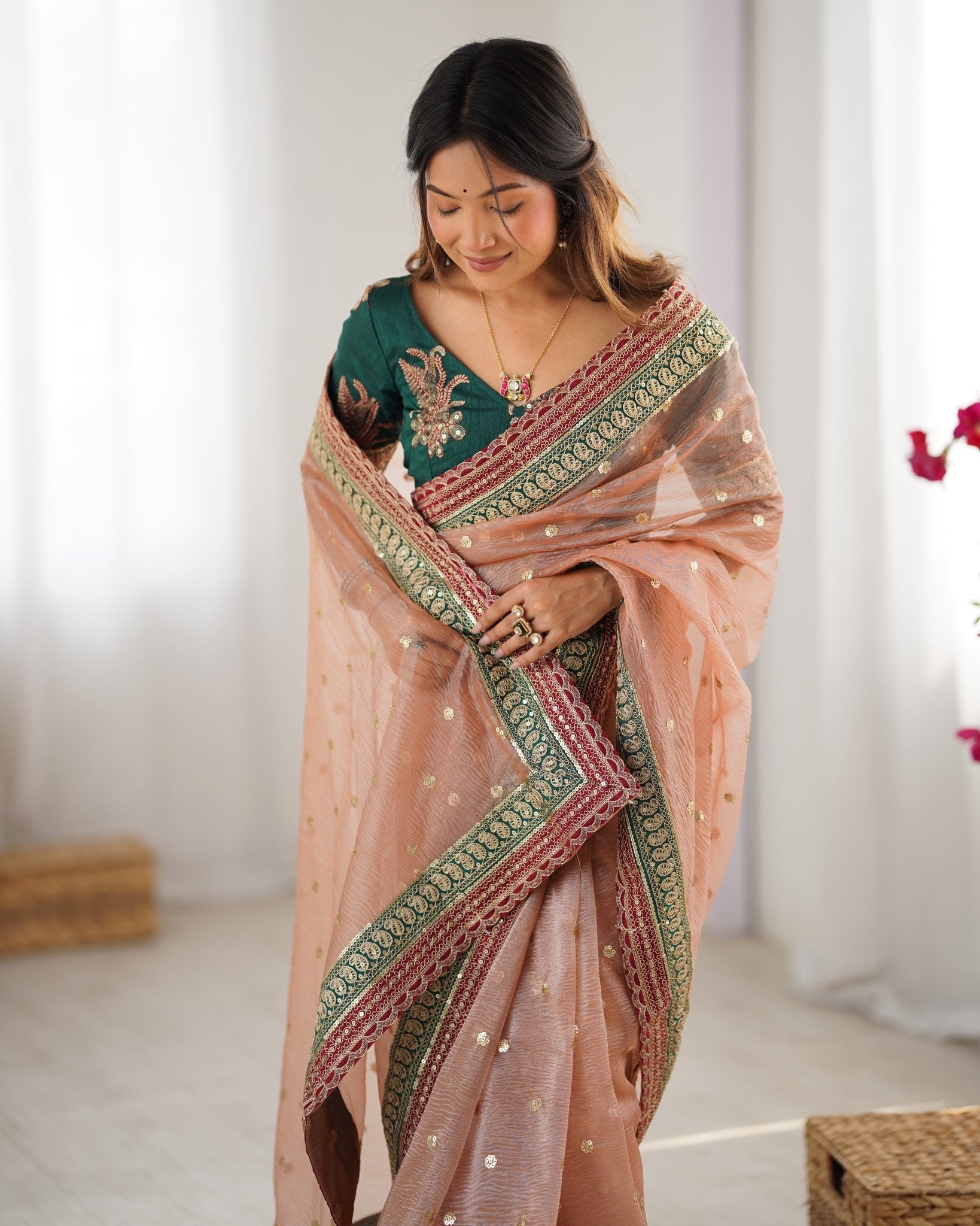 Peach Organza Emblished Saree - Ressa