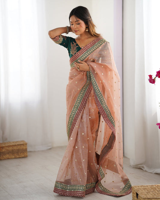 Peach Organza Emblished Saree - Ressa