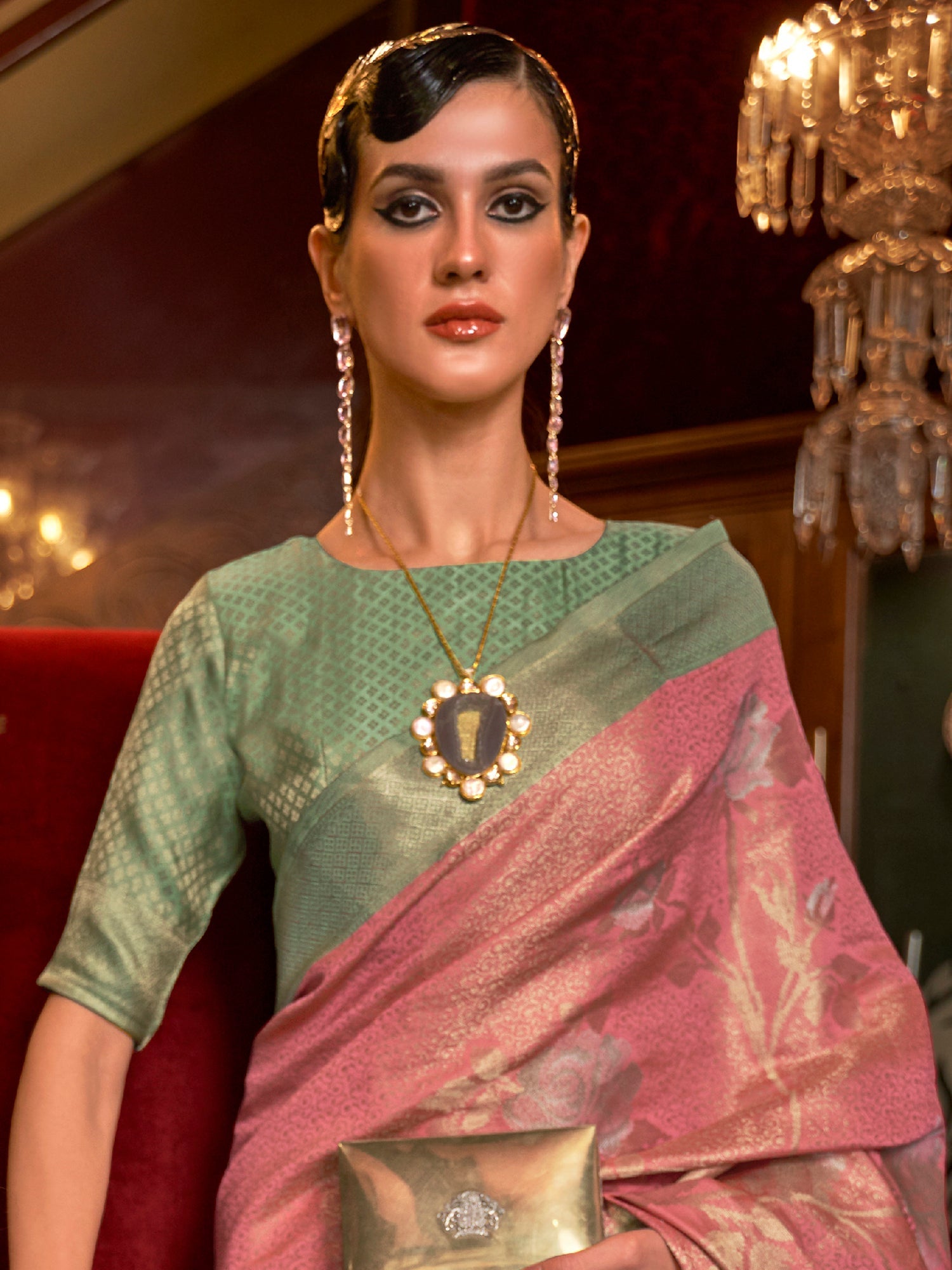 Peach Pink Banarasi Tissue Silk Saree - Ressa