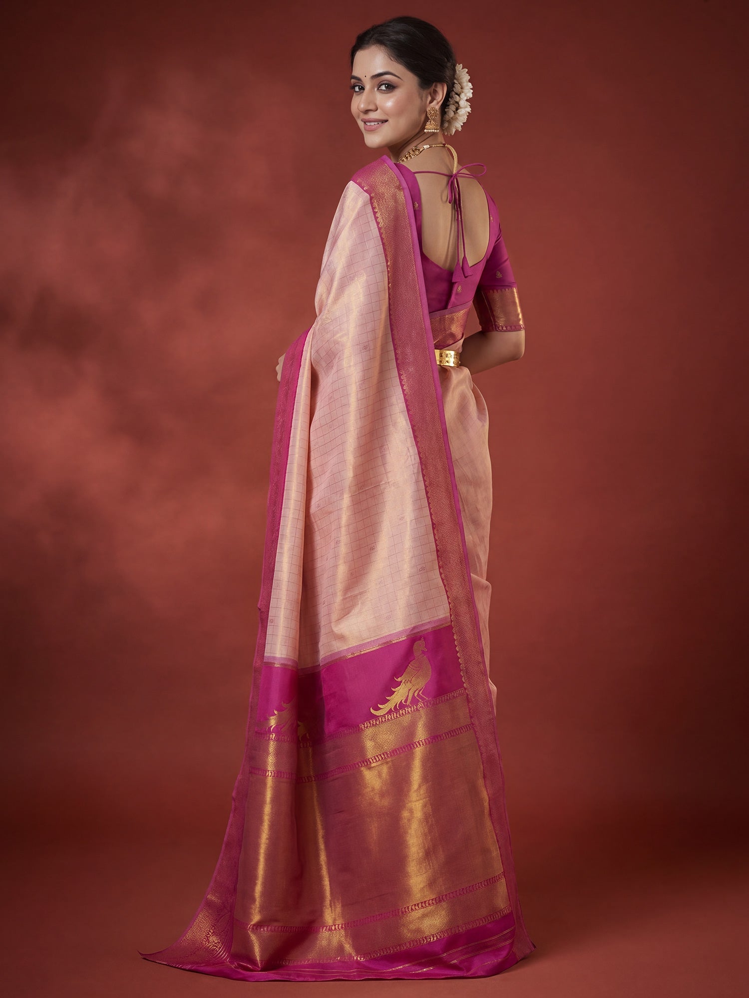 Peach Pink Banarasi Woven Silk Saree - Ressa