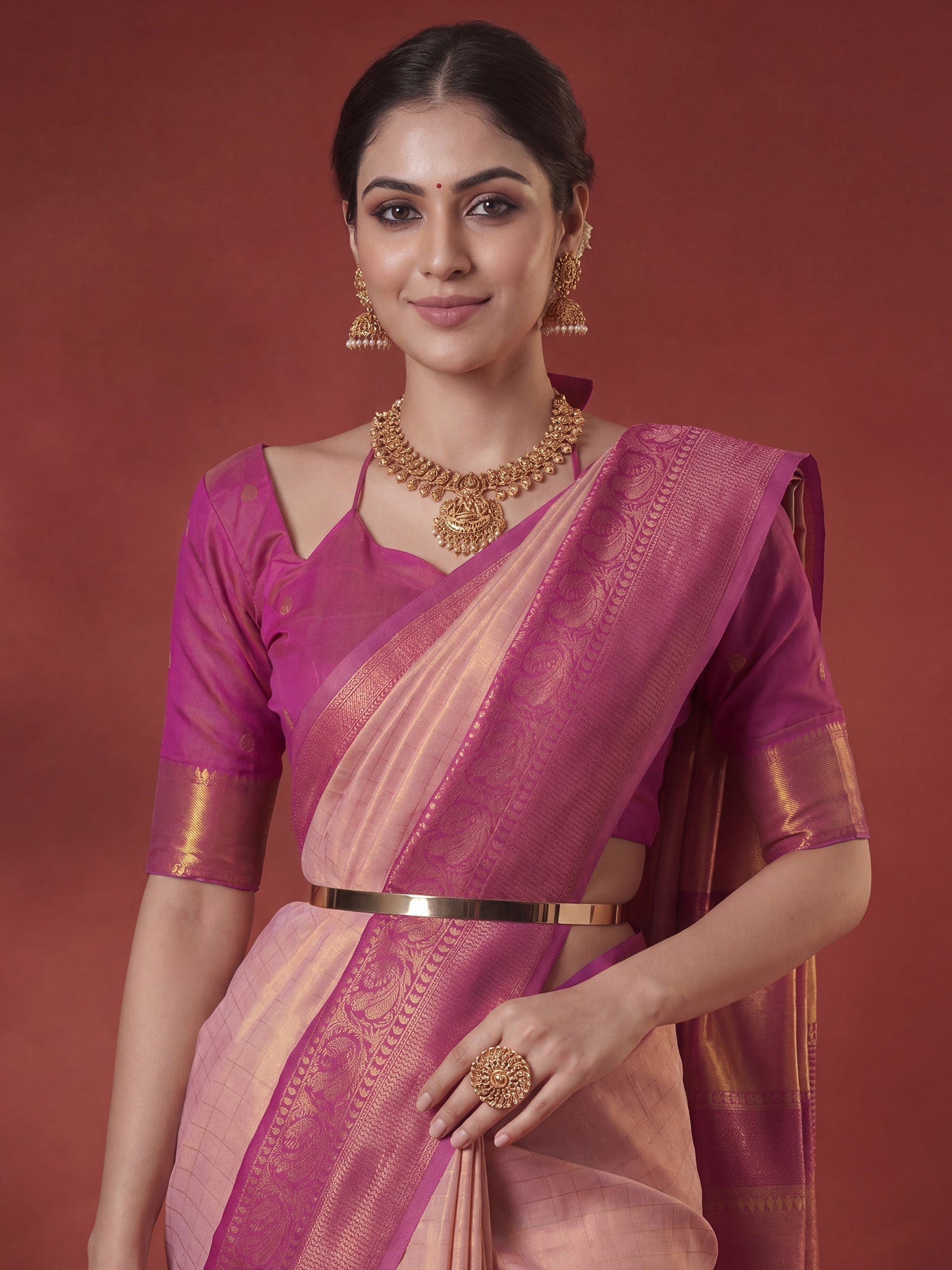 Peach Pink Banarasi Woven Silk Saree - Ressa