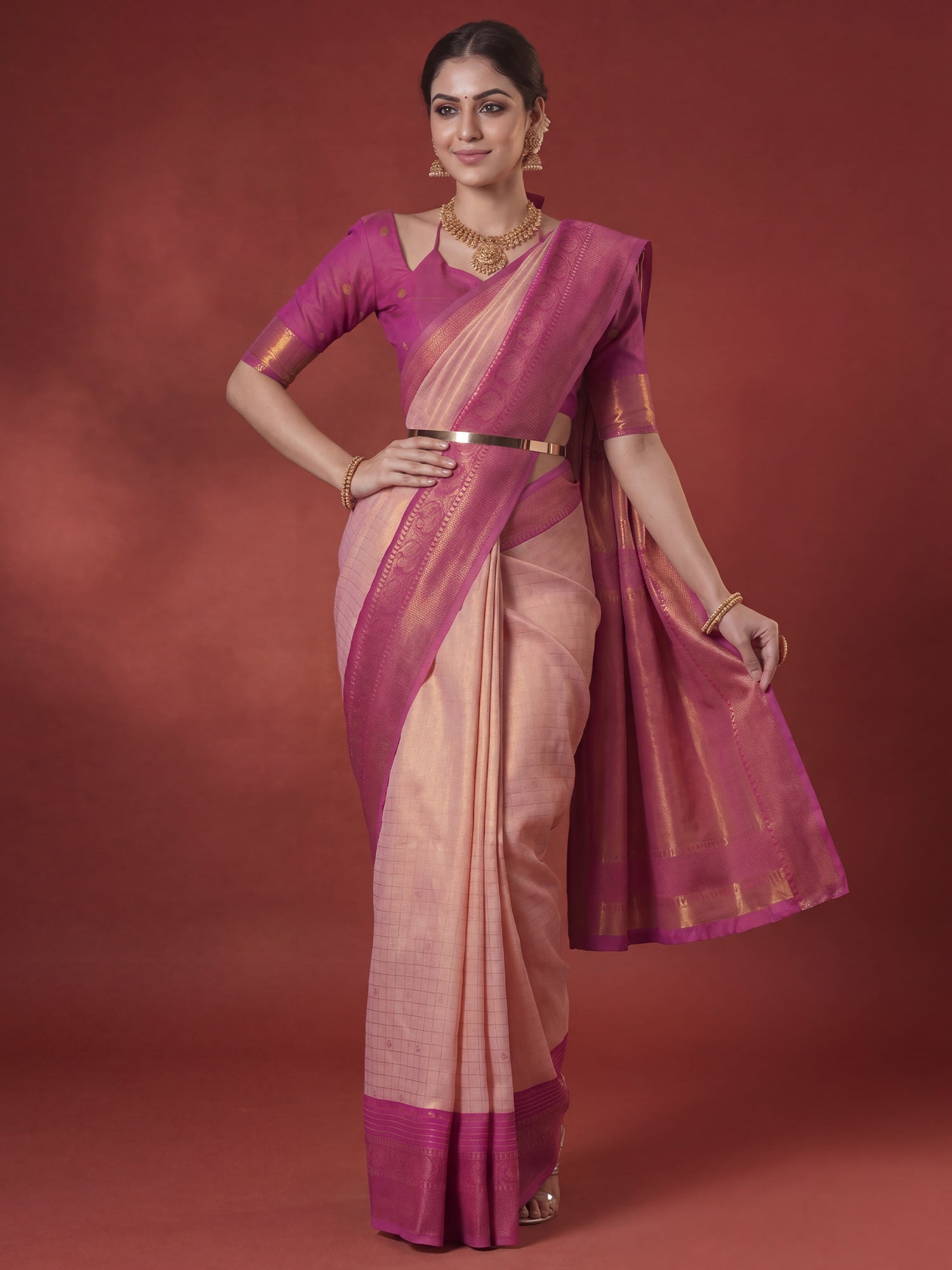 Peach Pink Banarasi Woven Silk Saree - Ressa
