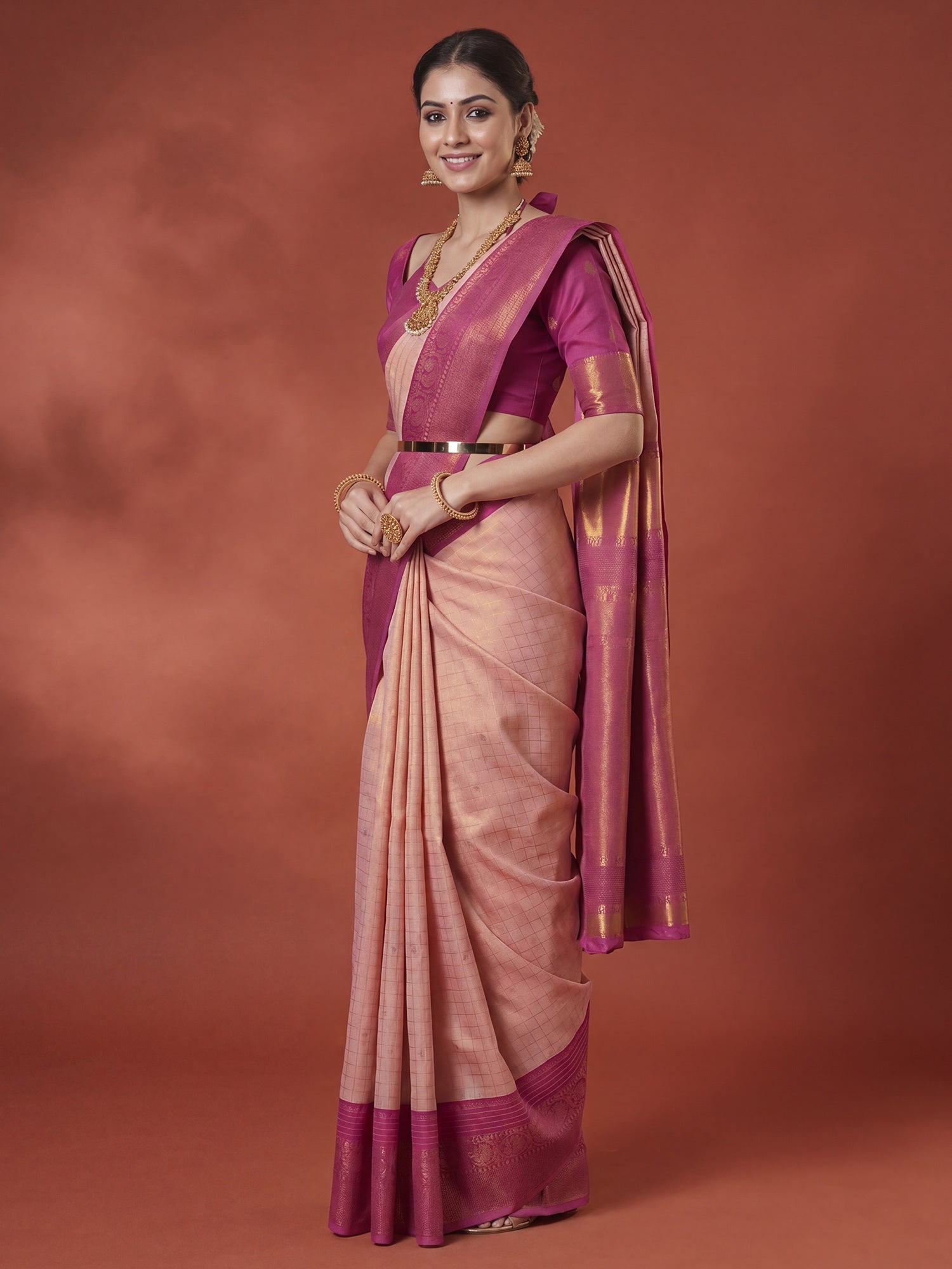 Peach Pink Banarasi Woven Silk Saree - Ressa