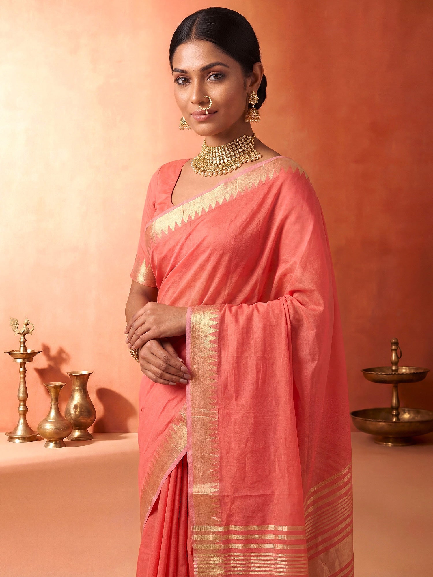 Peach Pink Chanderi Silk Saree - Ressa