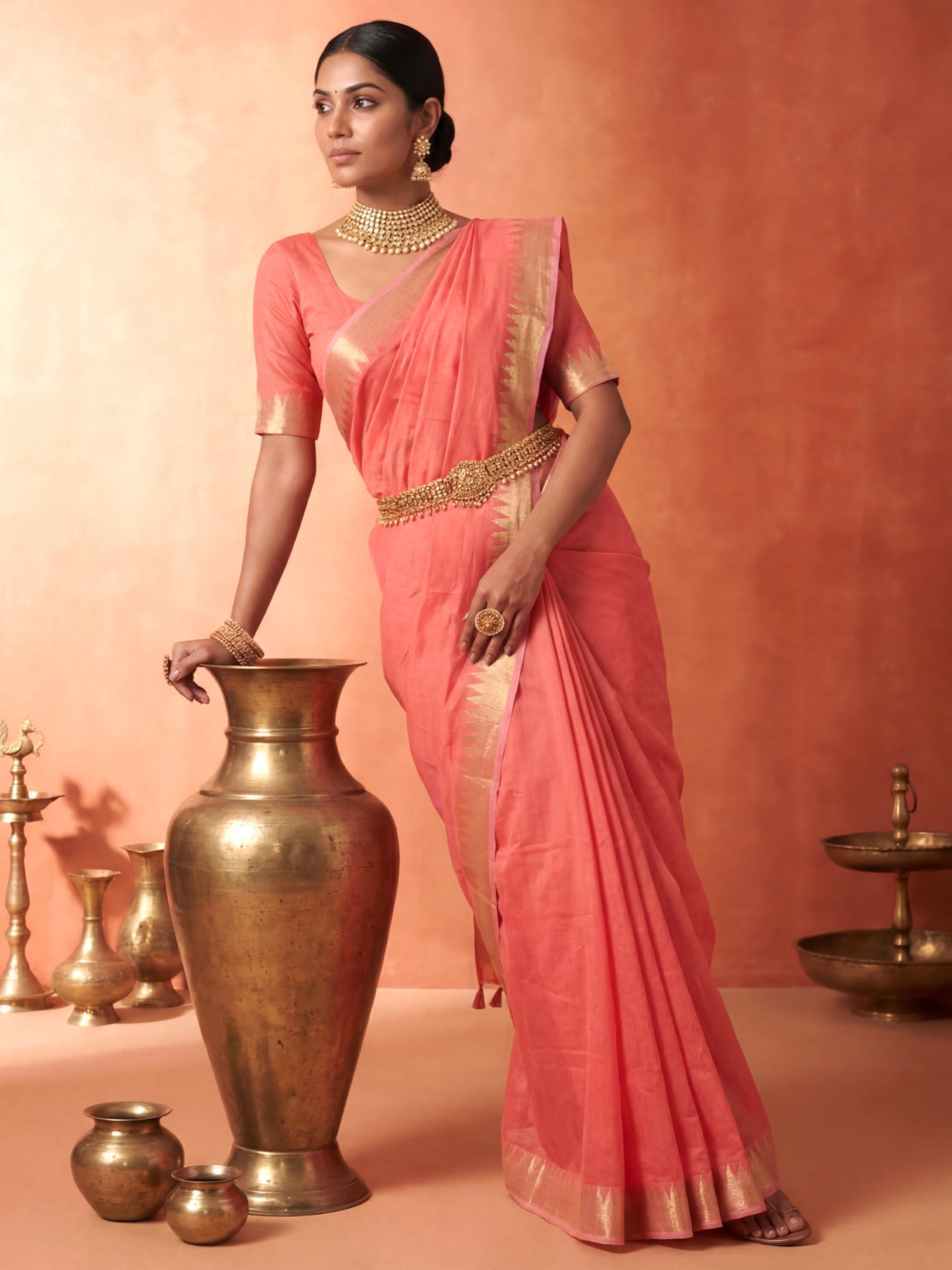Peach Pink Chanderi Silk Saree - Ressa