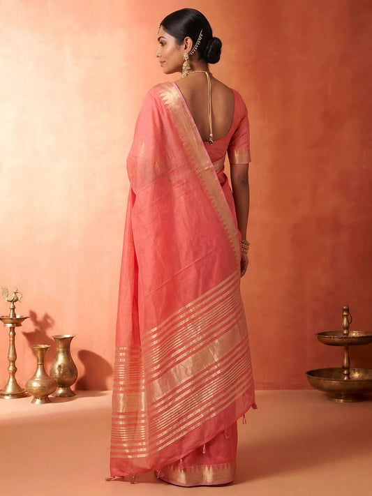 Peach Pink Chanderi Silk Saree - Ressa