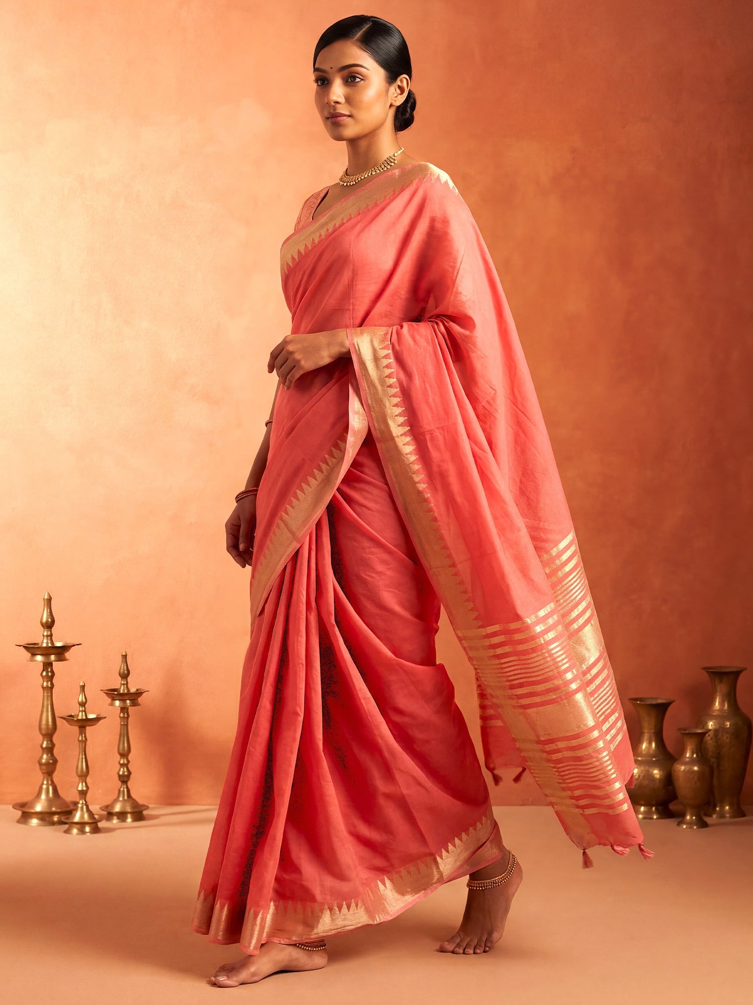 Peach Pink Chanderi Silk Saree - Ressa